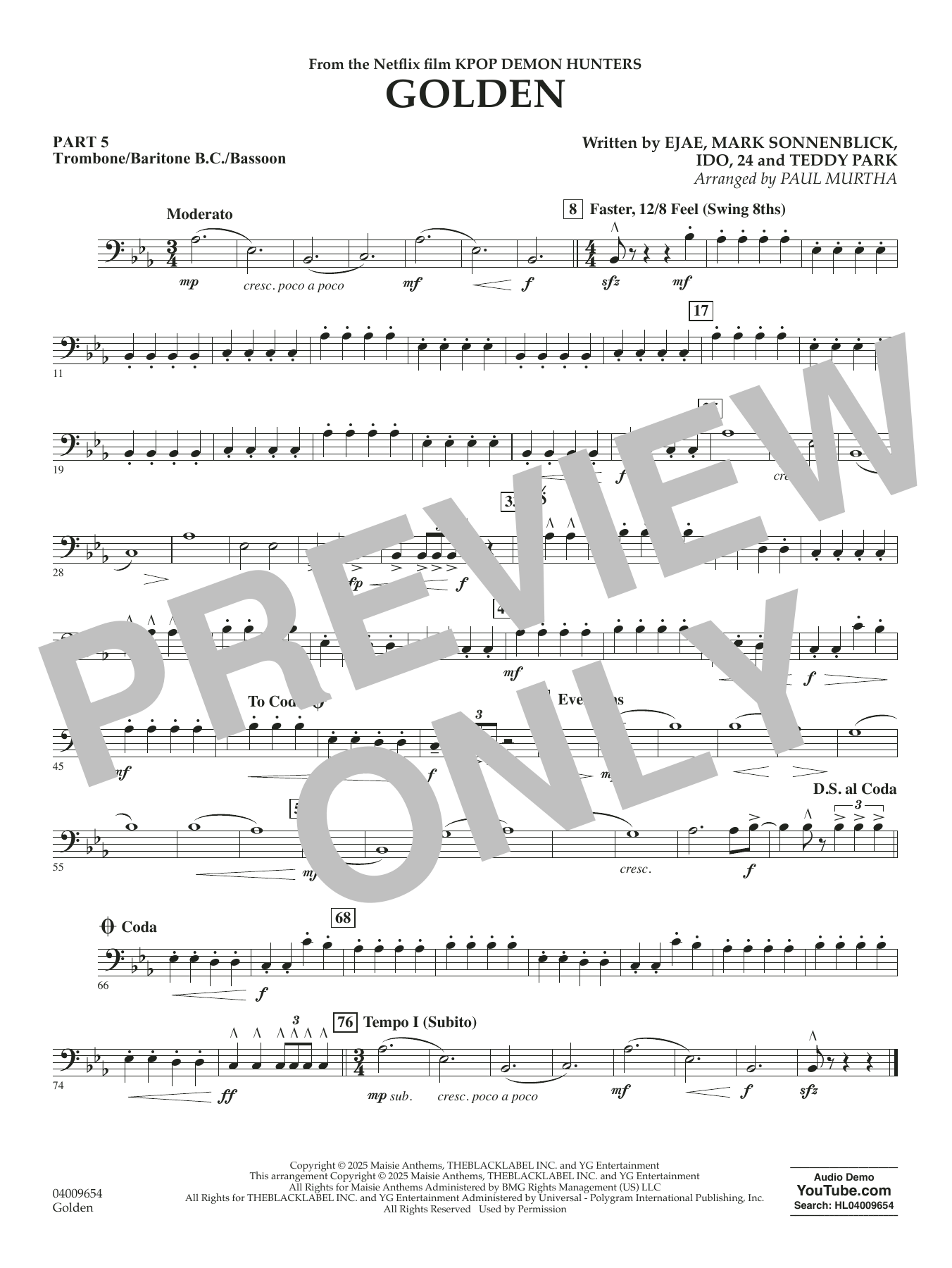 Golden (from KPop Demon Hunters) (arr. Paul Murtha) - Pt.5 - Trombone/Bar. B.C./Bsn.