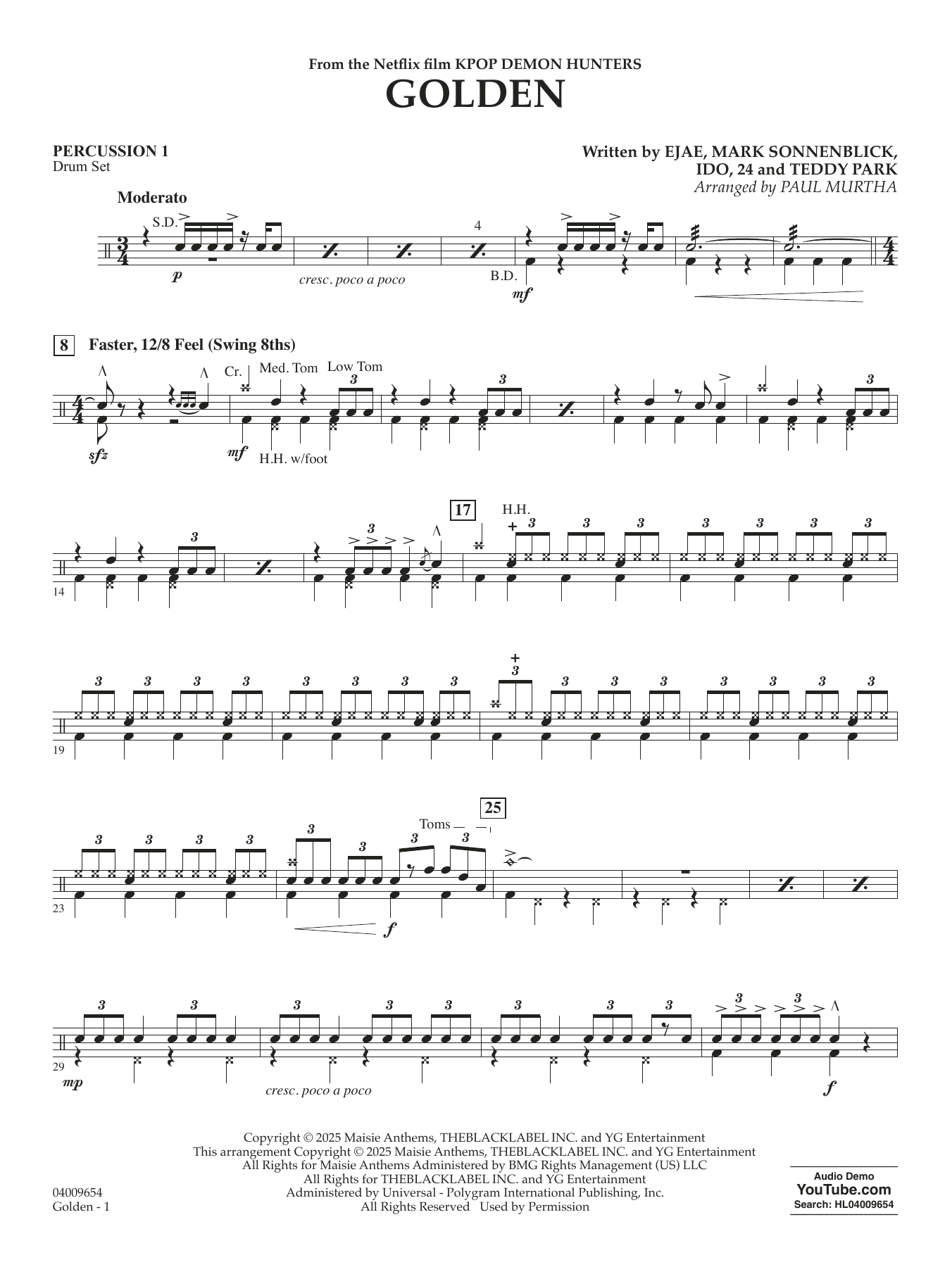 Golden (from KPop Demon Hunters) (arr. Paul Murtha) - Percussion 1