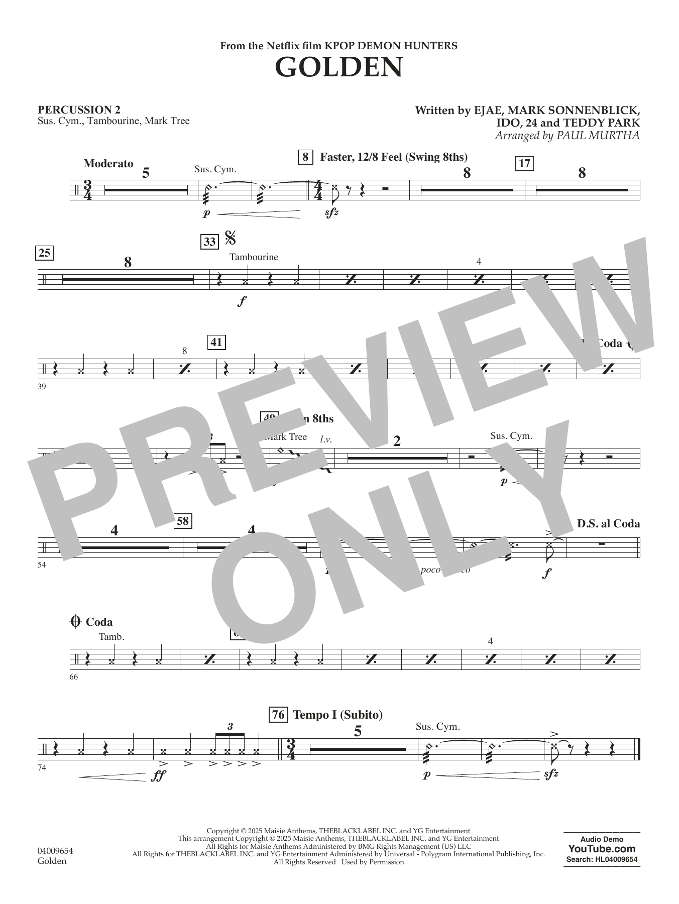 Golden (from KPop Demon Hunters) (arr. Paul Murtha) - Percussion 2