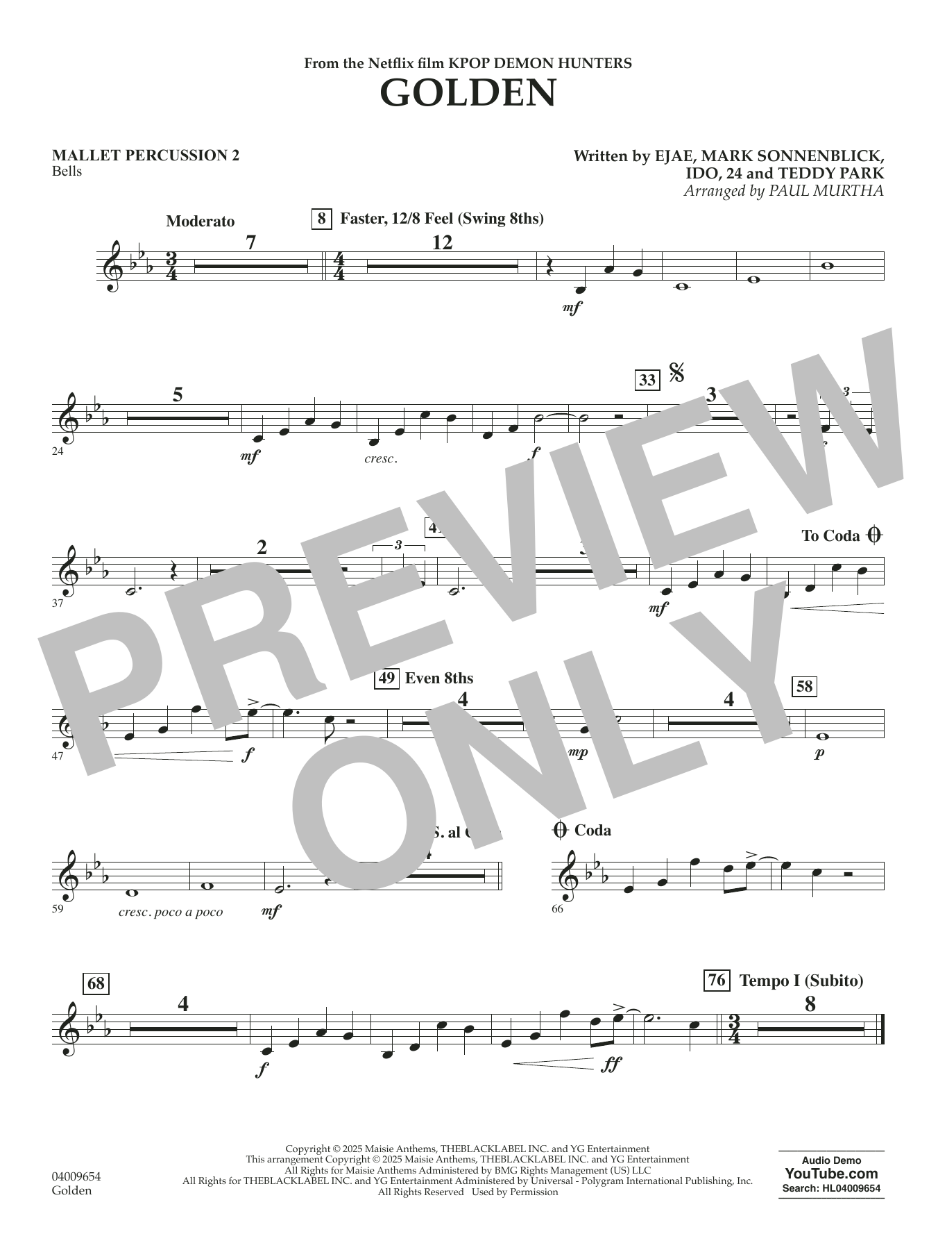 Golden (from KPop Demon Hunters) (arr. Paul Murtha) - Mallet Percussion 2