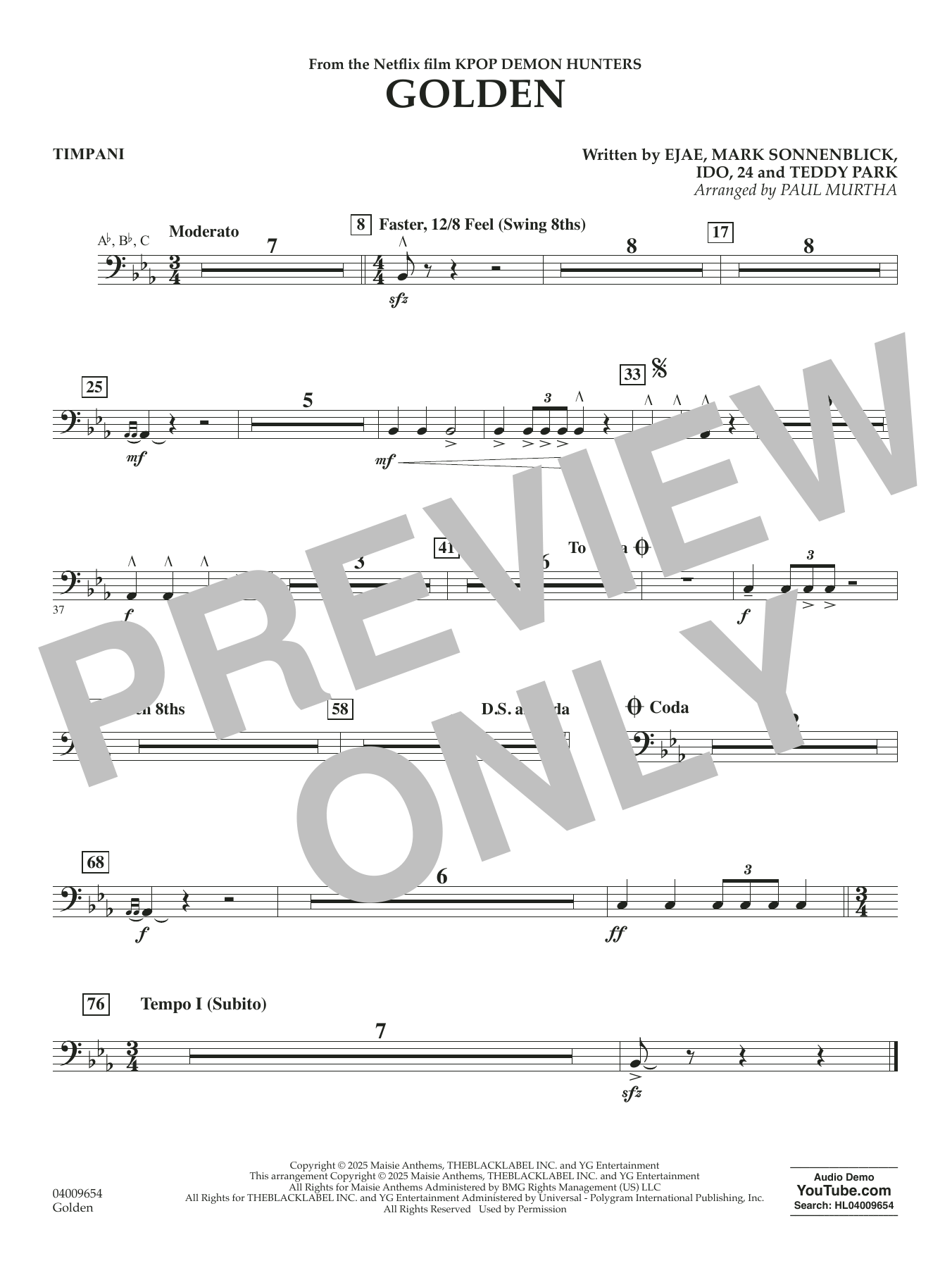 Golden (from KPop Demon Hunters) (arr. Paul Murtha) - Timpani