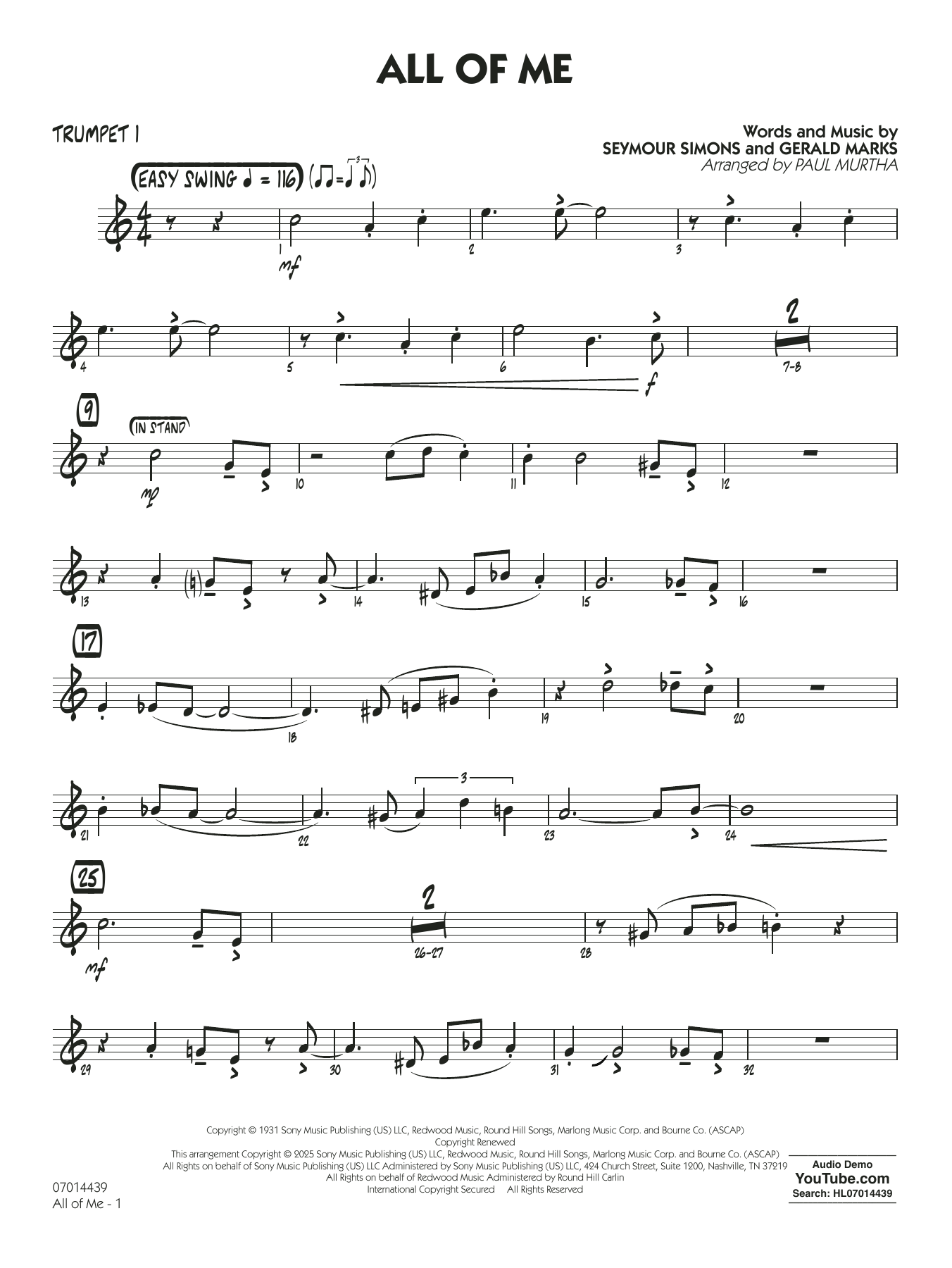 All Of Me (arr. Paul Murtha) - Trumpet 1