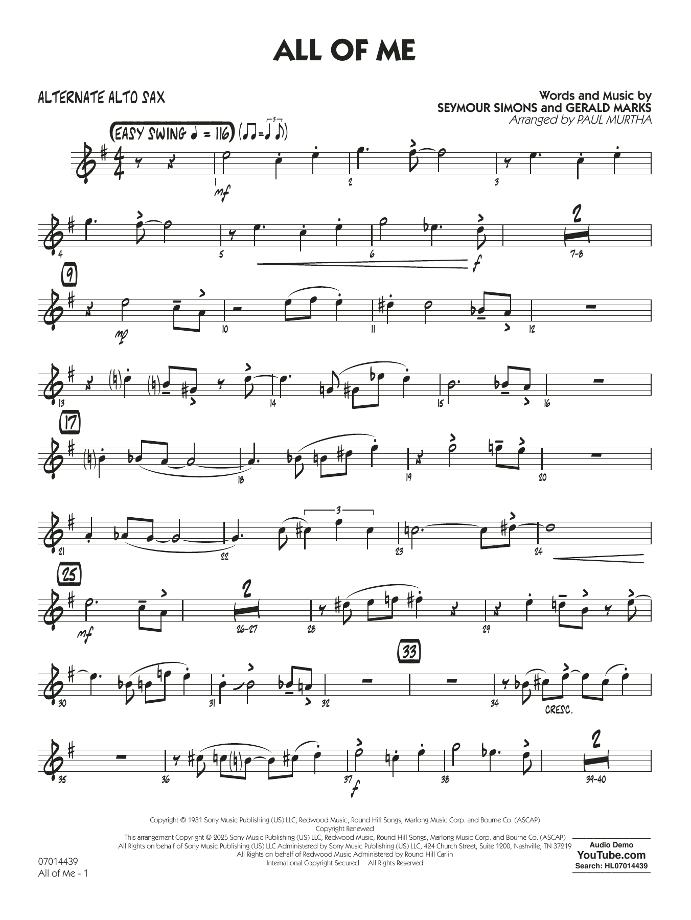 All Of Me (arr. Paul Murtha) - Alternate Alto Sax
