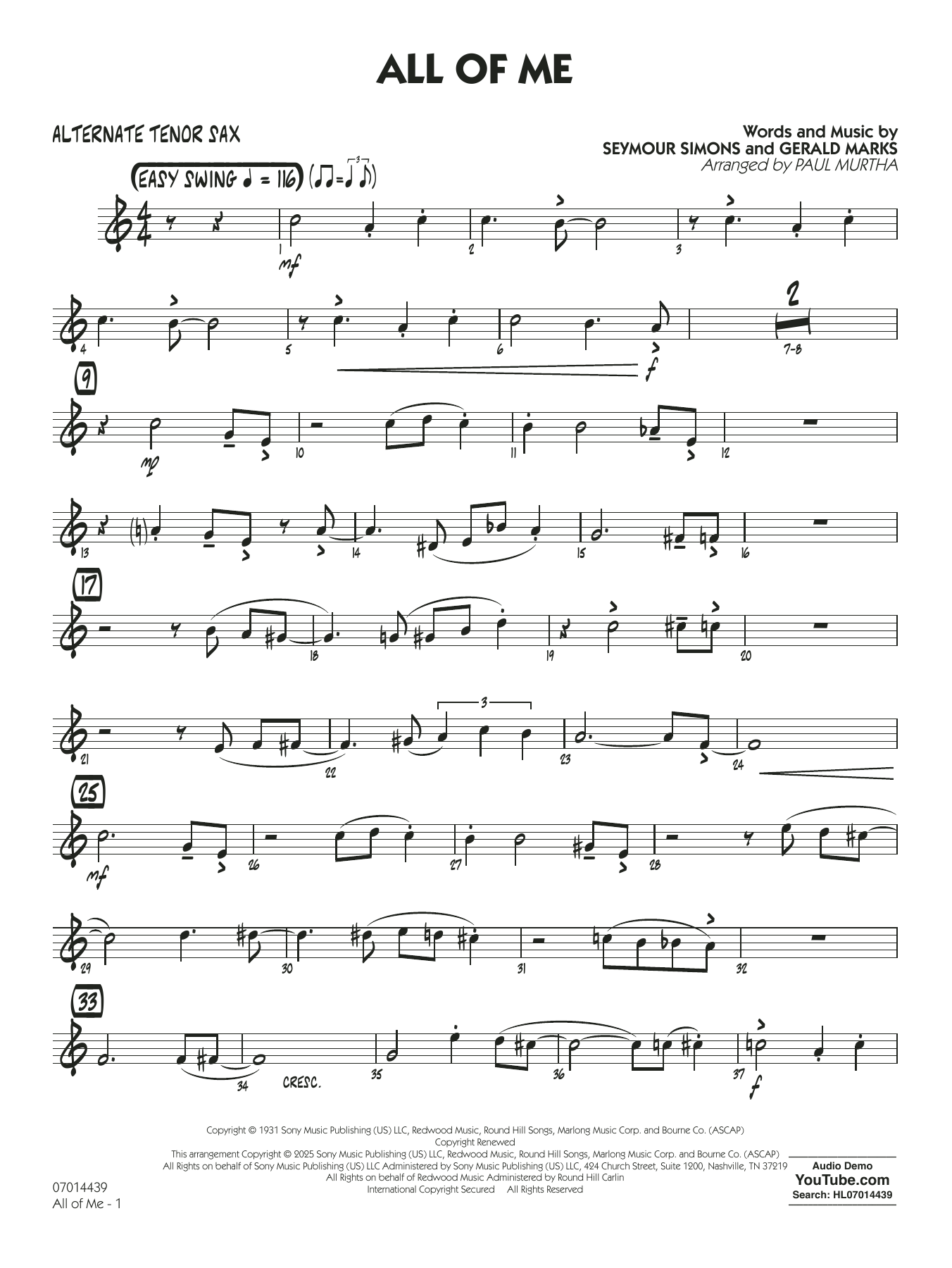 All Of Me (arr. Paul Murtha) - Alternate Tenor Sax