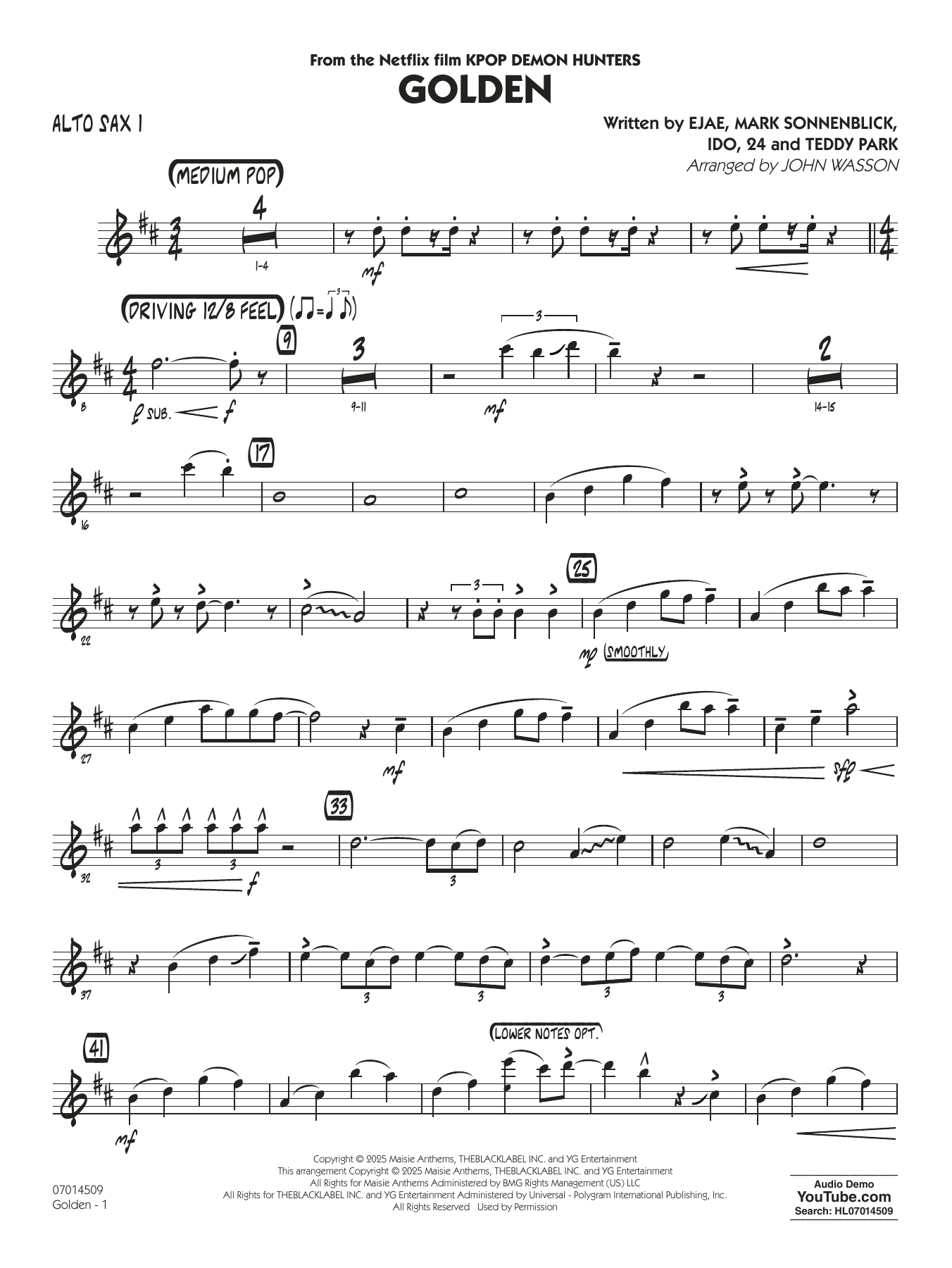 Golden (from Kpop Demon Hunters) (arr. John Wasson) - Alto Sax 1