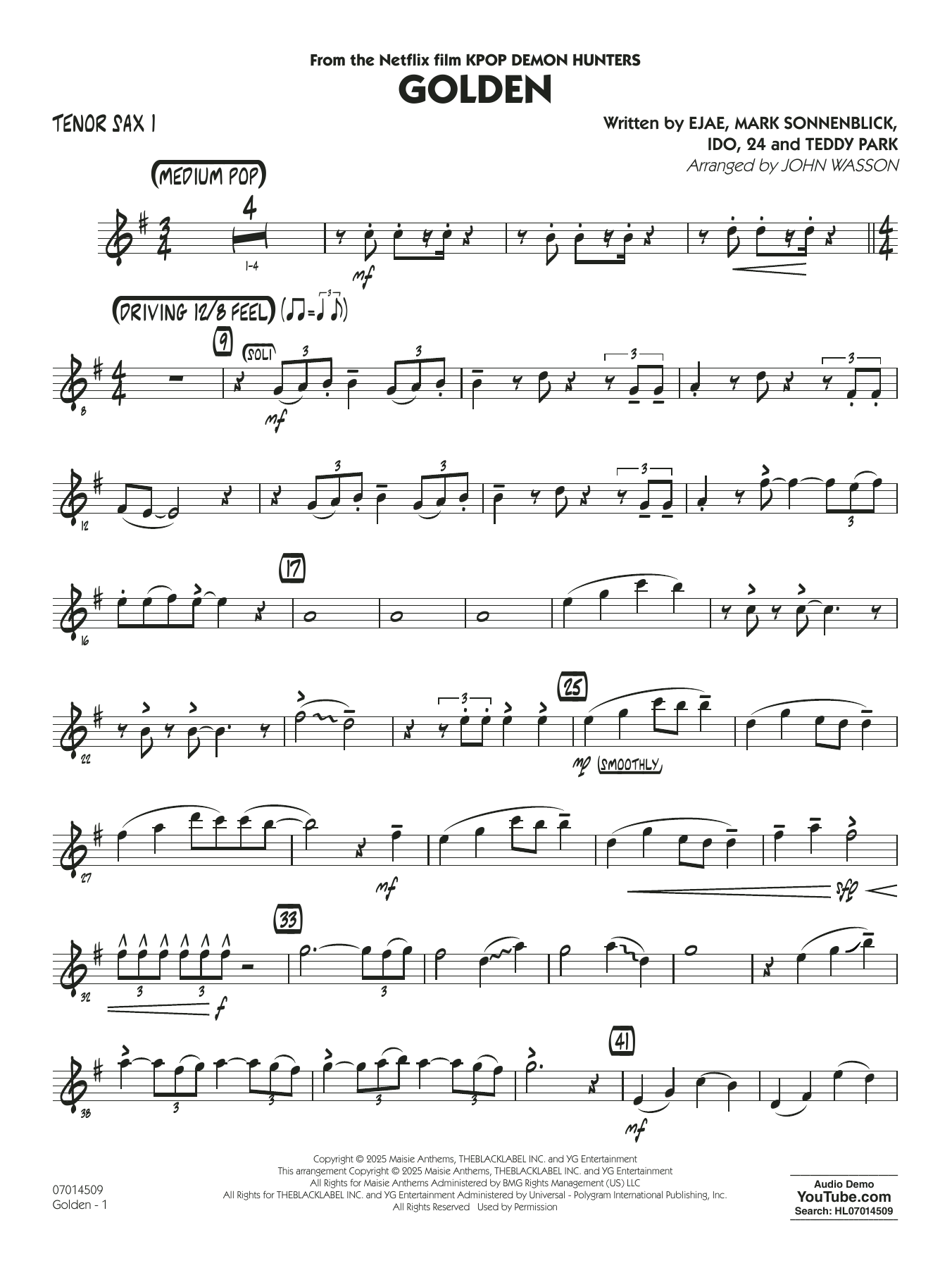 Golden (from Kpop Demon Hunters) (arr. John Wasson) - Tenor Sax 1