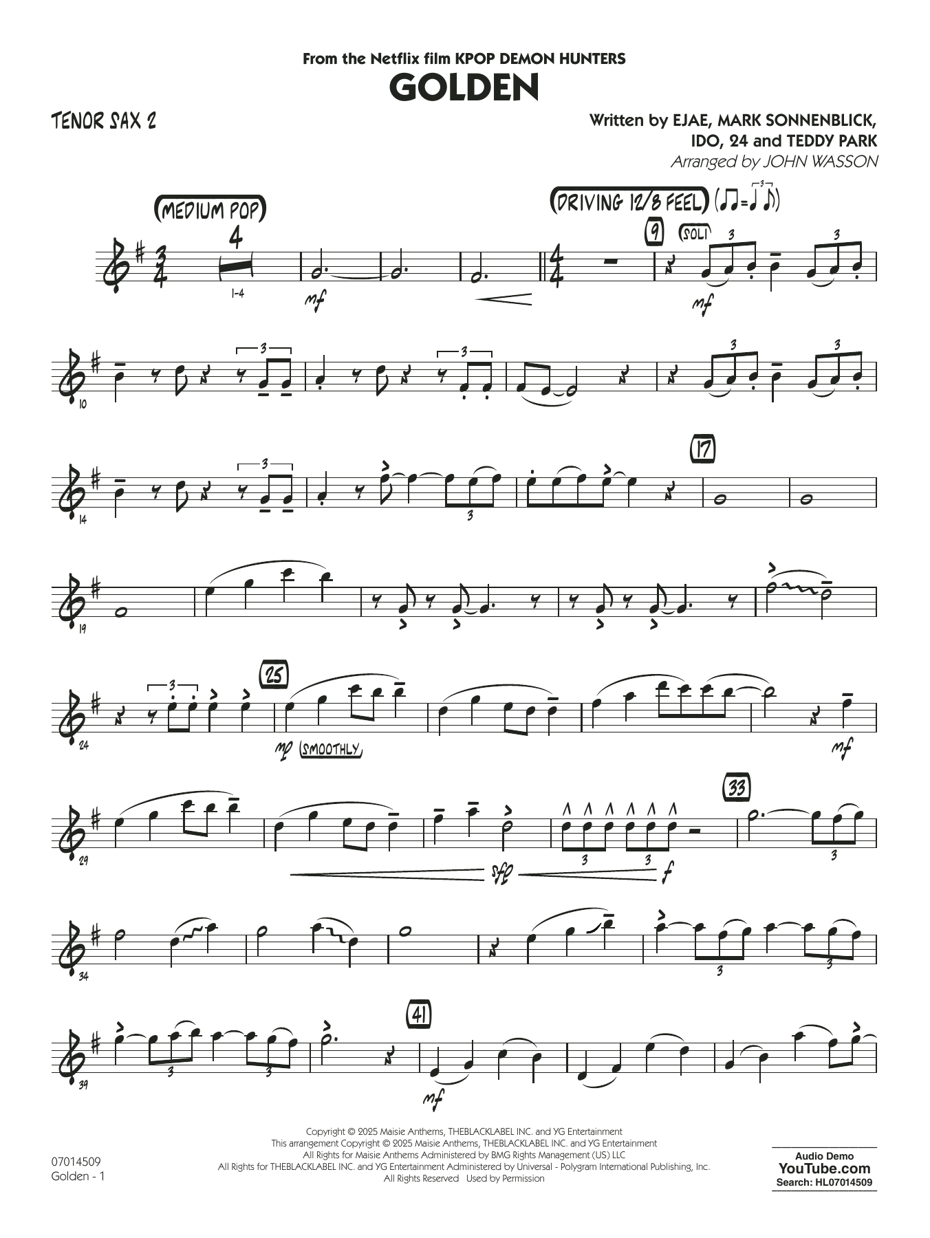 Golden (from Kpop Demon Hunters) (arr. John Wasson) - Tenor Sax 2