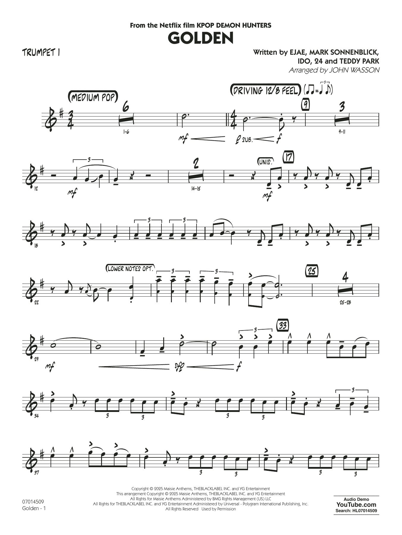 Golden (from Kpop Demon Hunters) (arr. John Wasson) - Trumpet 1
