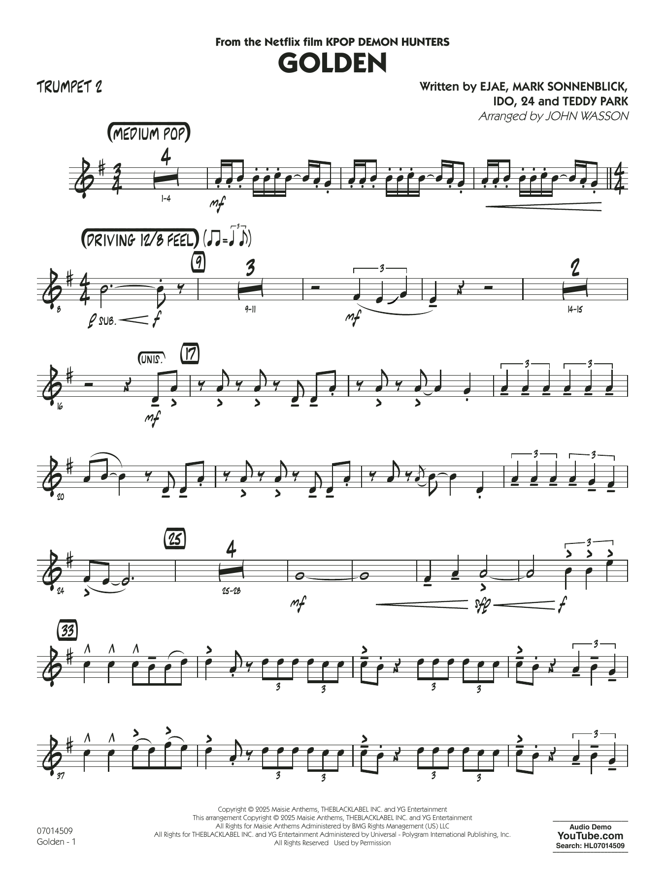 Golden (from Kpop Demon Hunters) (arr. John Wasson) - Trumpet 2