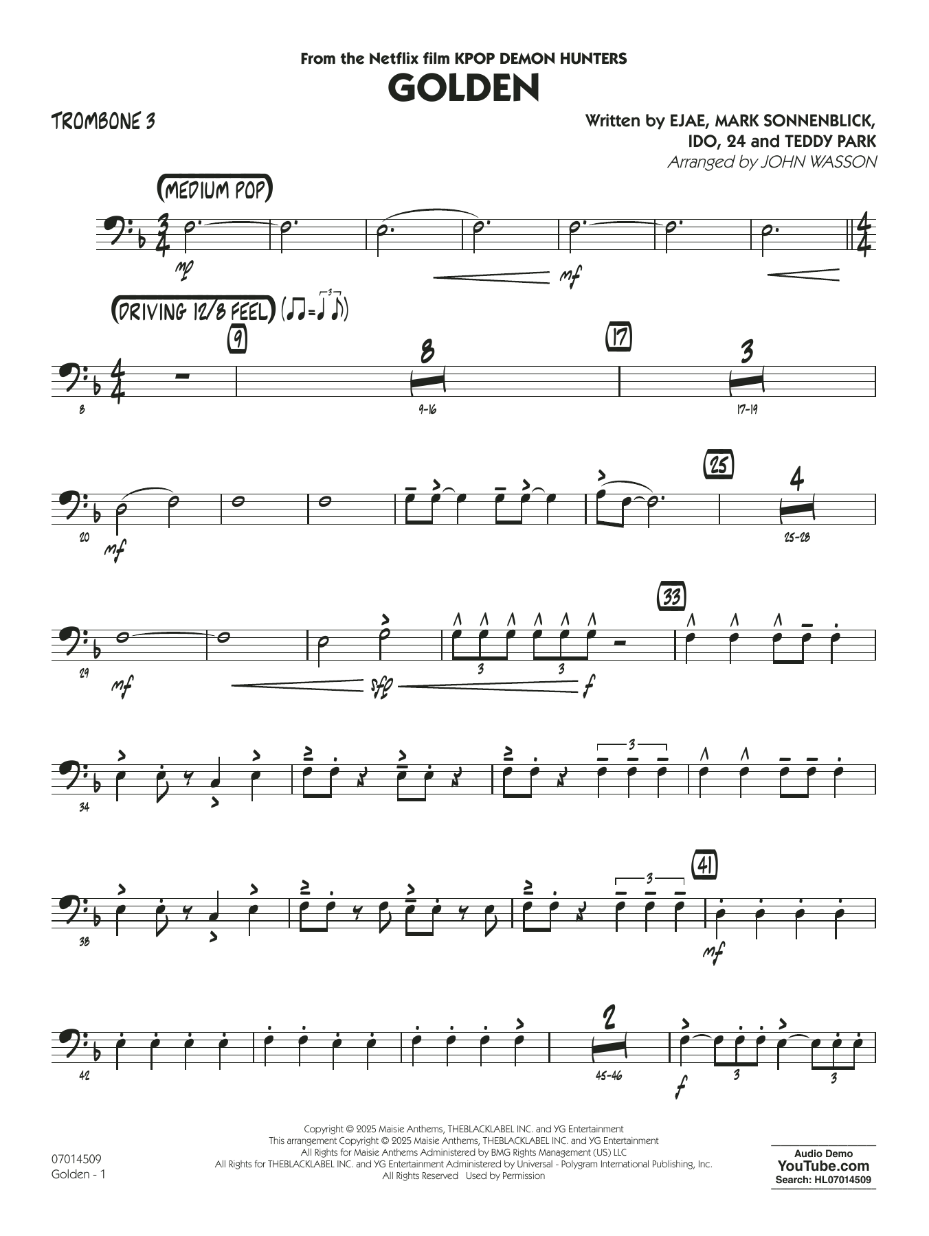 Golden (from Kpop Demon Hunters) (arr. John Wasson) - Trombone 3