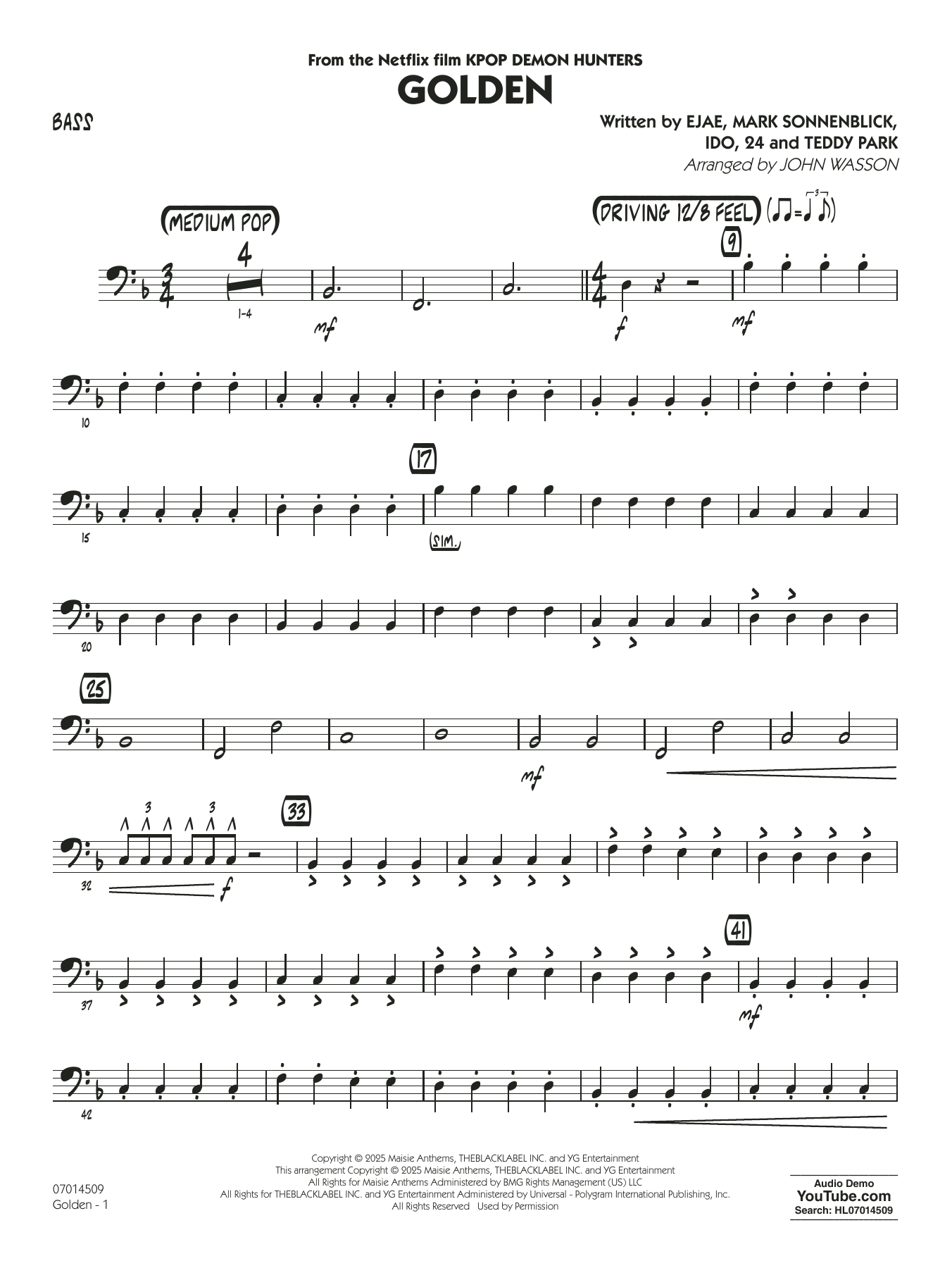 Golden (from Kpop Demon Hunters) (arr. John Wasson) - Bass