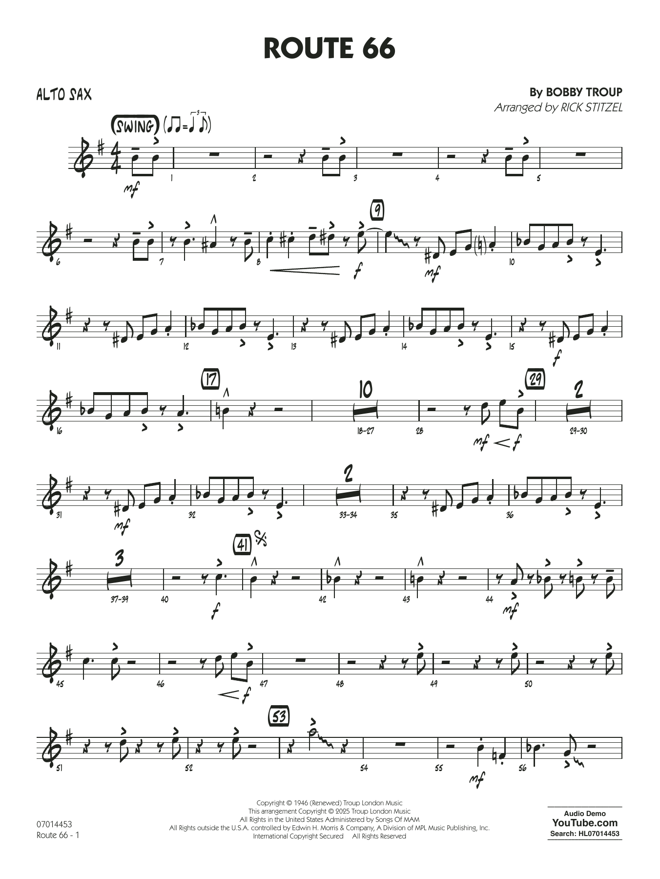 Route 66 (arr. Rick Stitzel) - Alto Sax