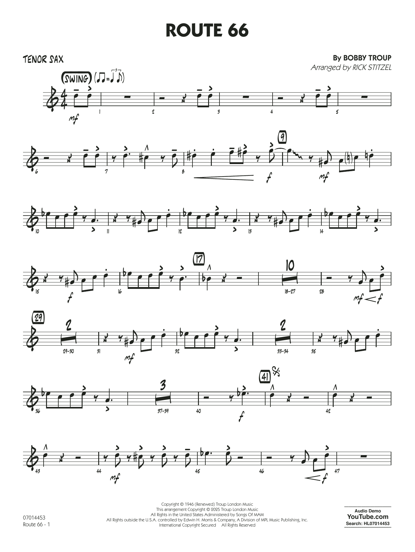Route 66 (arr. Rick Stitzel) - Tenor Sax