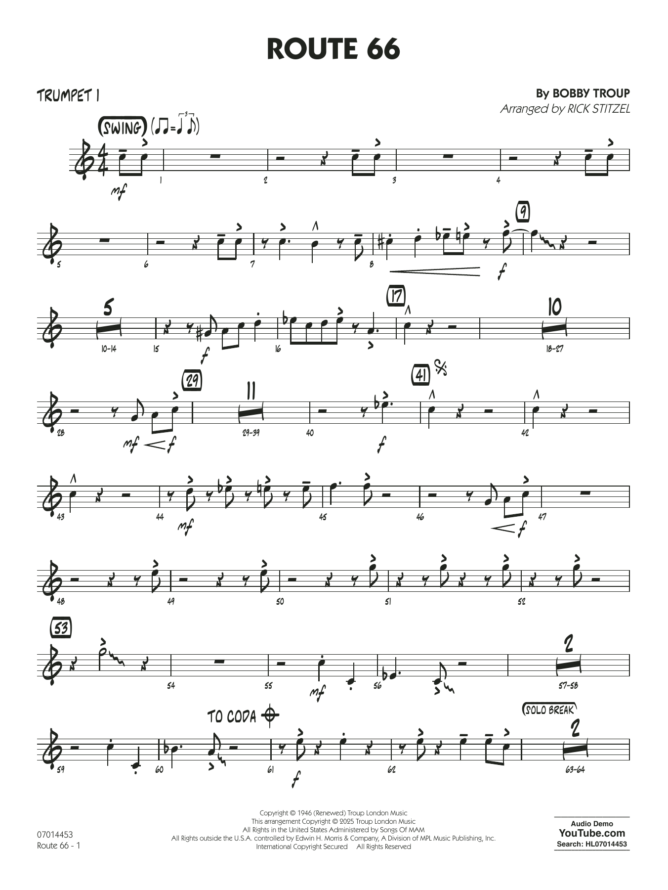 Route 66 (arr. Rick Stitzel) - Trumpet 1