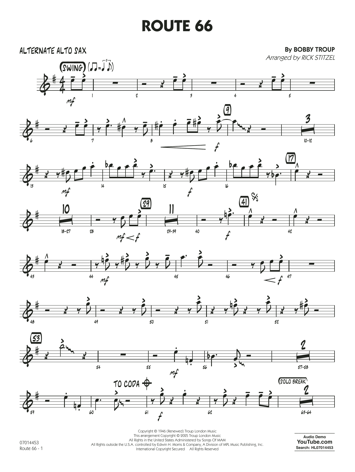 Route 66 (arr. Rick Stitzel) - Alternate Alto Sax