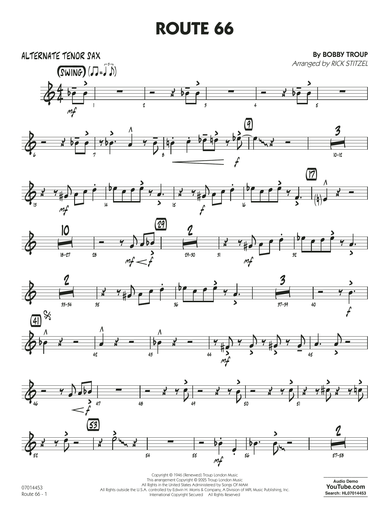 Route 66 (arr. Rick Stitzel) - Alternate Tenor Sax