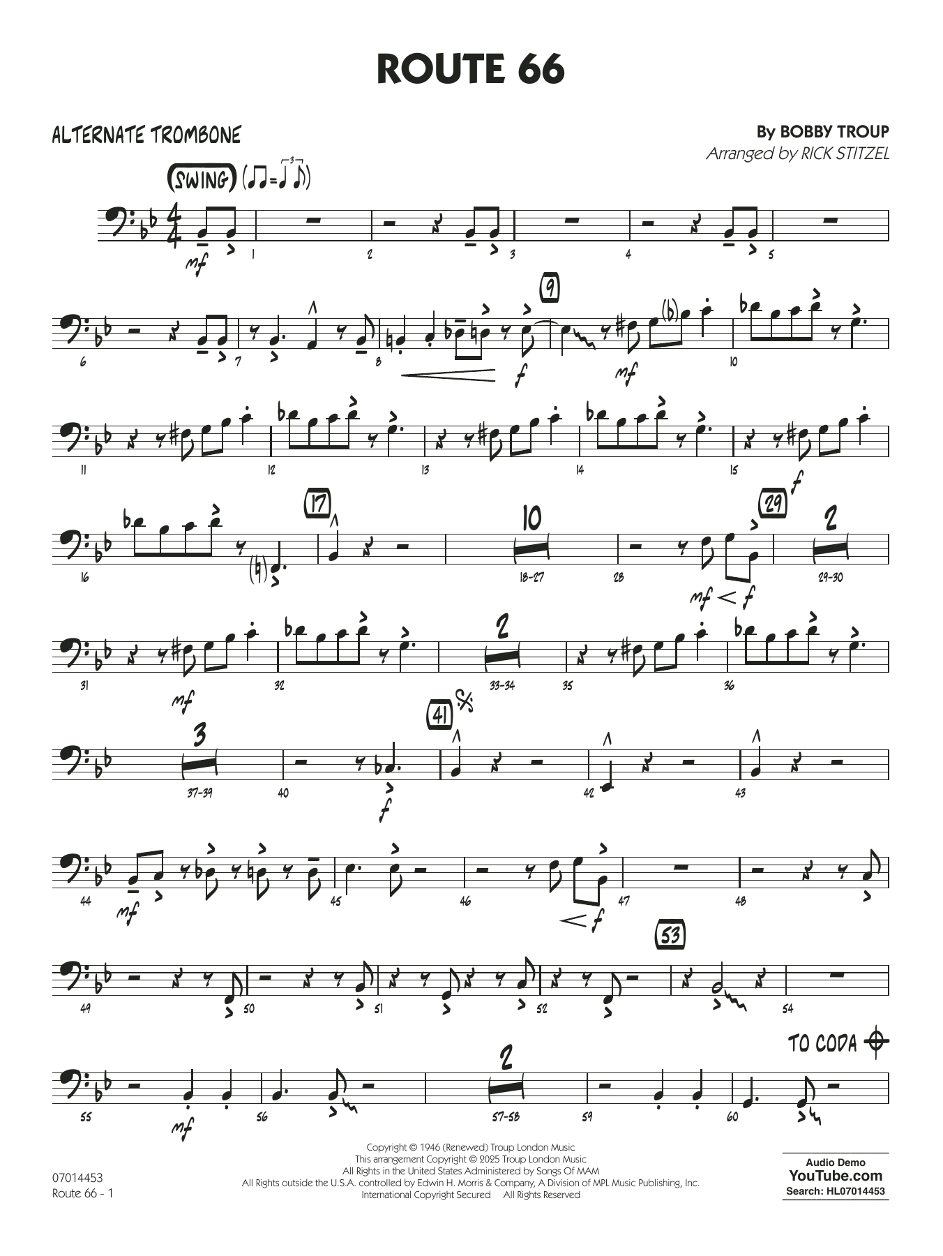 Route 66 (arr. Rick Stitzel) - Alternate Trombone