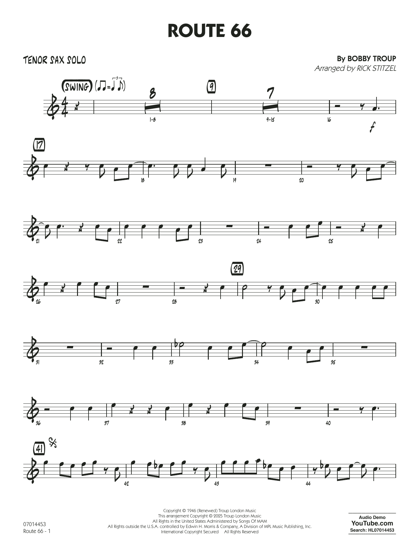 Route 66 (arr. Rick Stitzel) - Tenor Sax Solo (Vocal Alt)