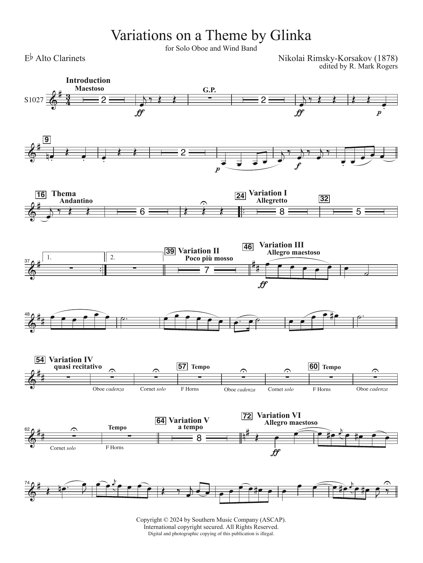 Variations on a Theme by Glinka for Solo Oboe and Wind Band (arr. Rogers) - Alto Clarinet