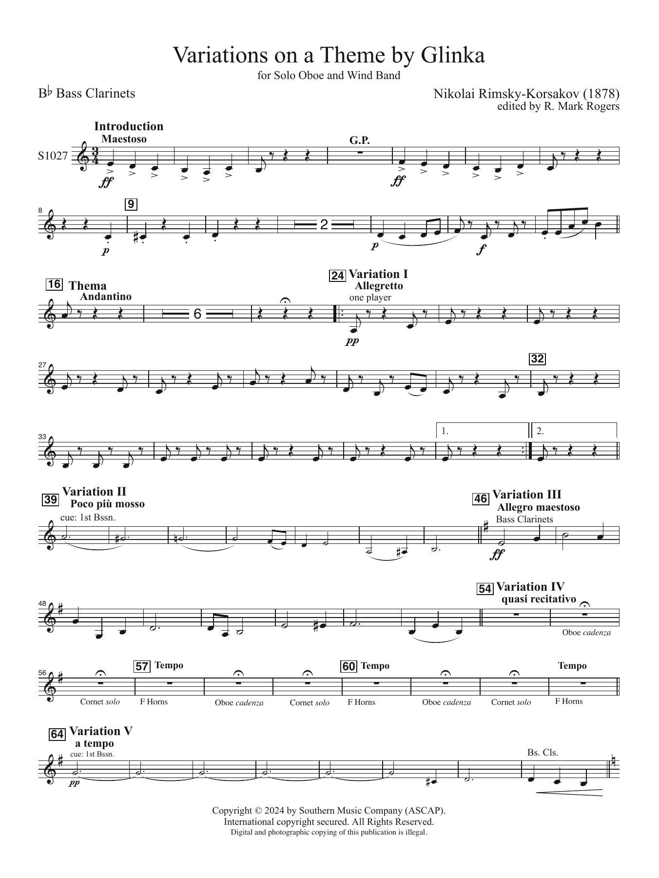 Variations on a Theme by Glinka for Solo Oboe and Wind Band (arr. Rogers) - Bass Clarinet