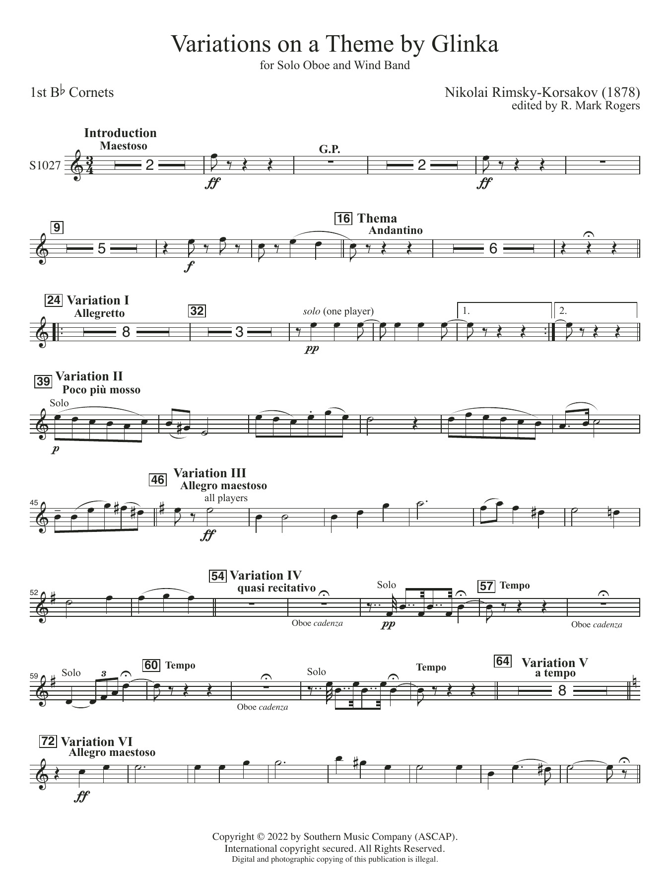 Variations on a Theme by Glinka for Solo Oboe and Wind Band (arr. Rogers) - Cornet 1