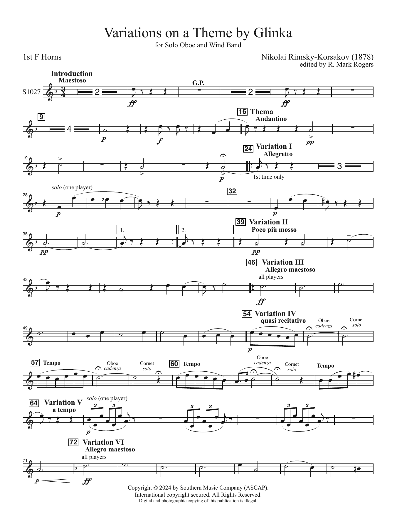 Variations on a Theme by Glinka for Solo Oboe and Wind Band (arr. Rogers) - Horn 1