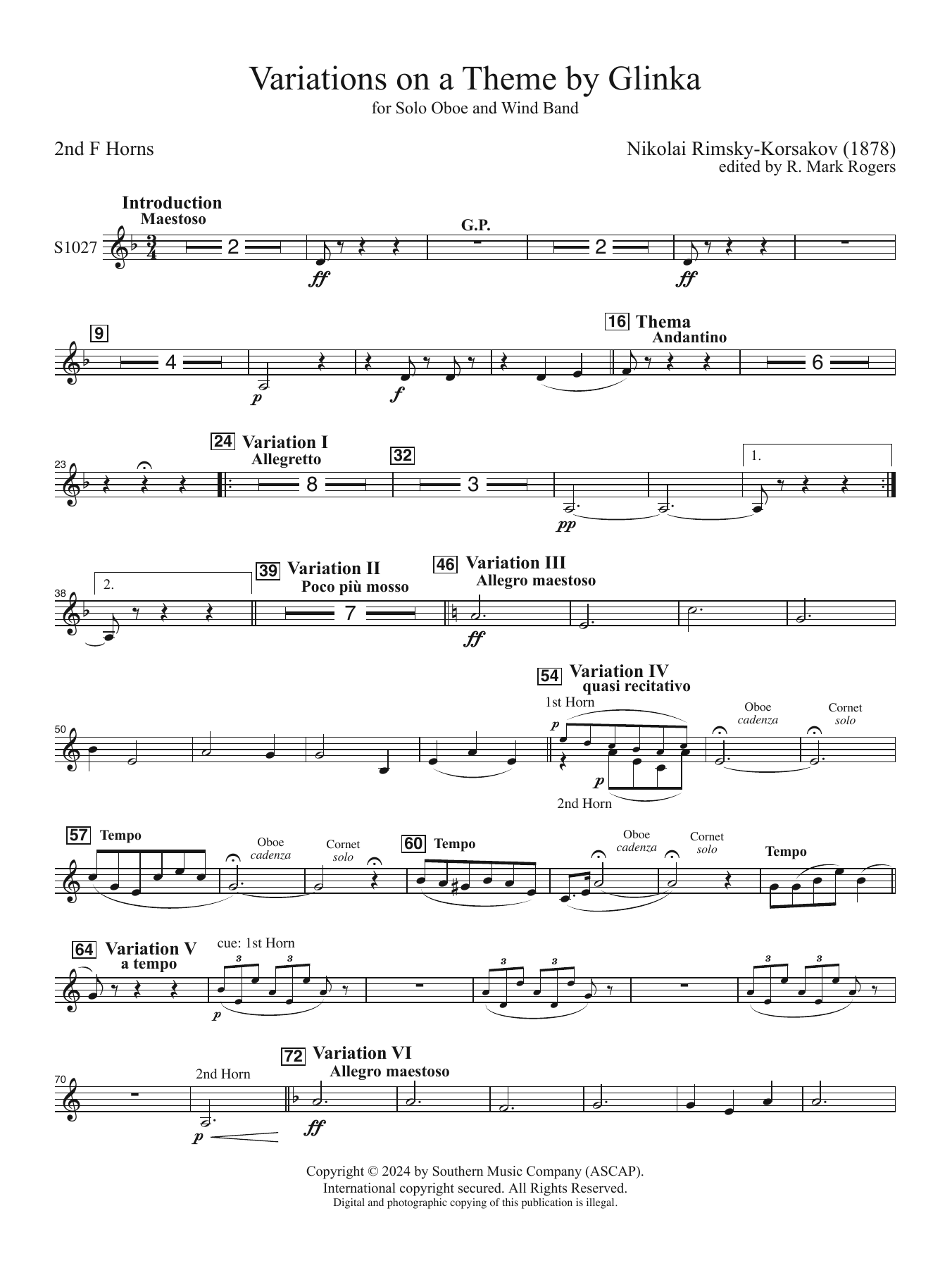 Variations on a Theme by Glinka for Solo Oboe and Wind Band (arr. Rogers) - Horn 2