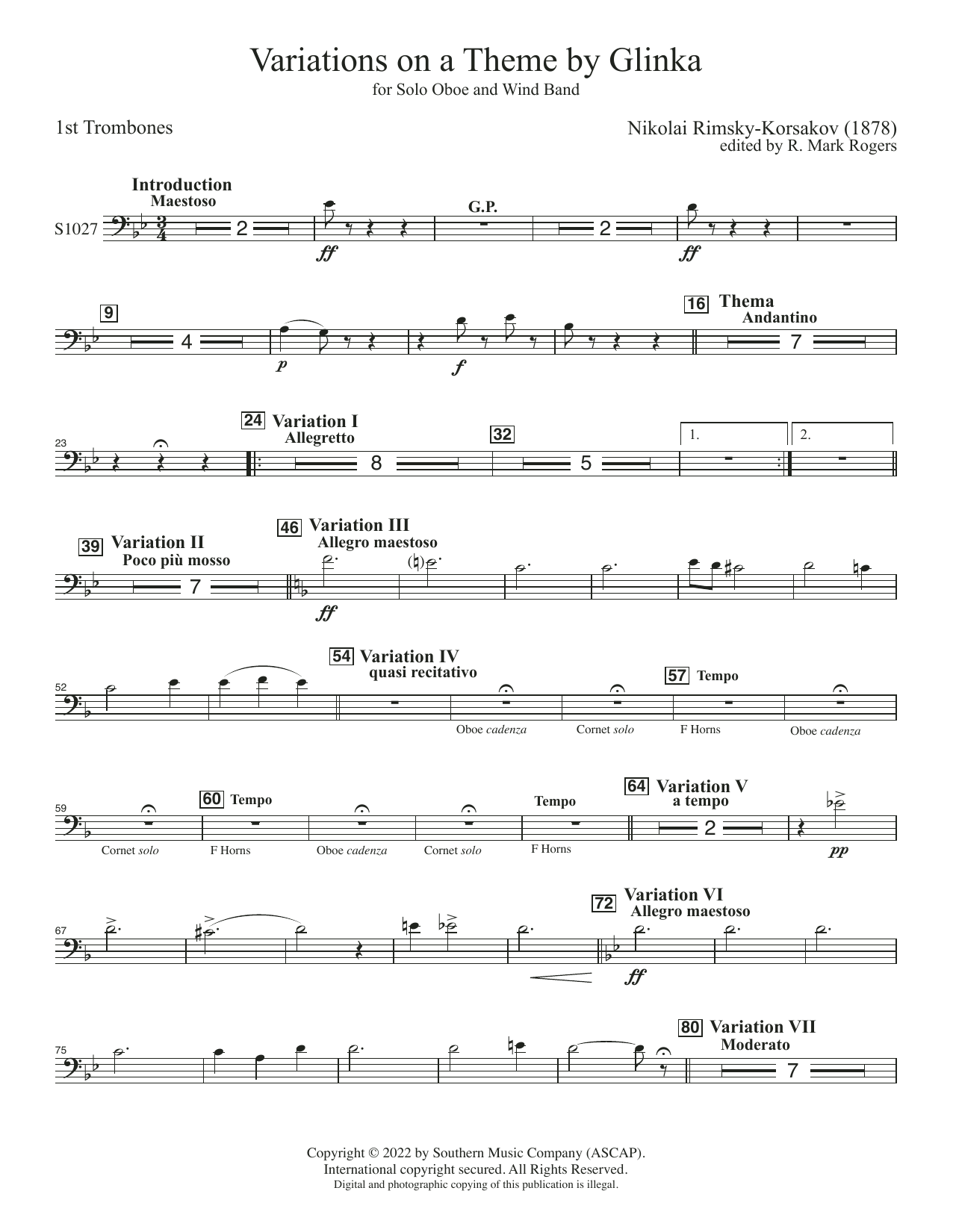 Variations on a Theme by Glinka for Solo Oboe and Wind Band (arr. Rogers) - Trombone 1