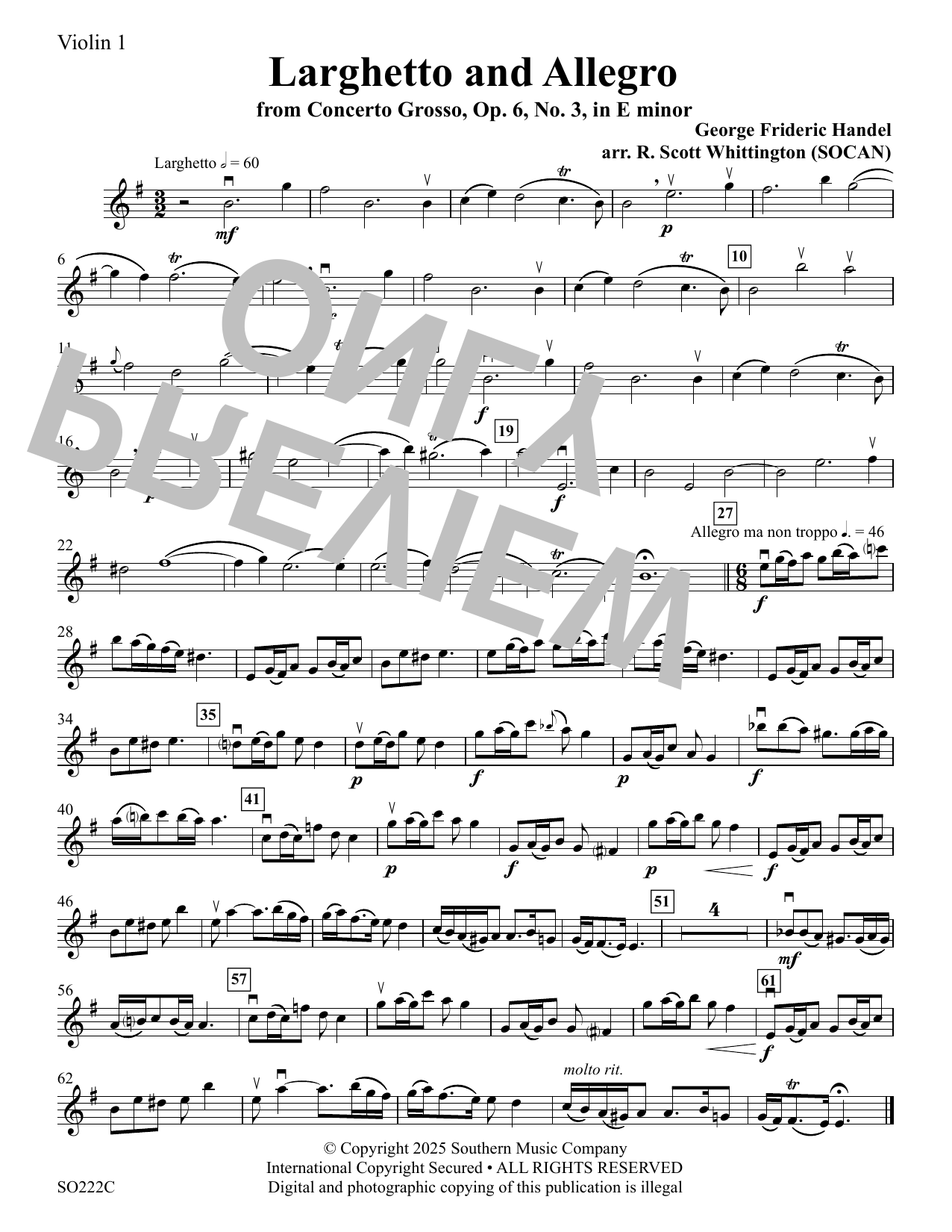 Larghetto and Allegro Op. 6 No. 3 (arr. Whittington) - Violin 1