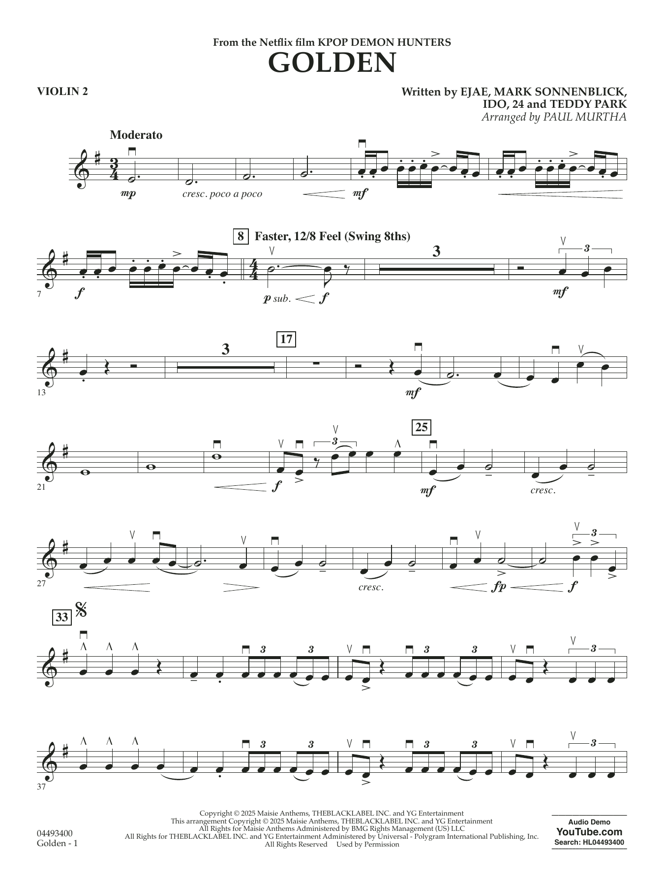 Golden (from KPop Demon Hunters) (arr. Paul Murtha) - Violin 2