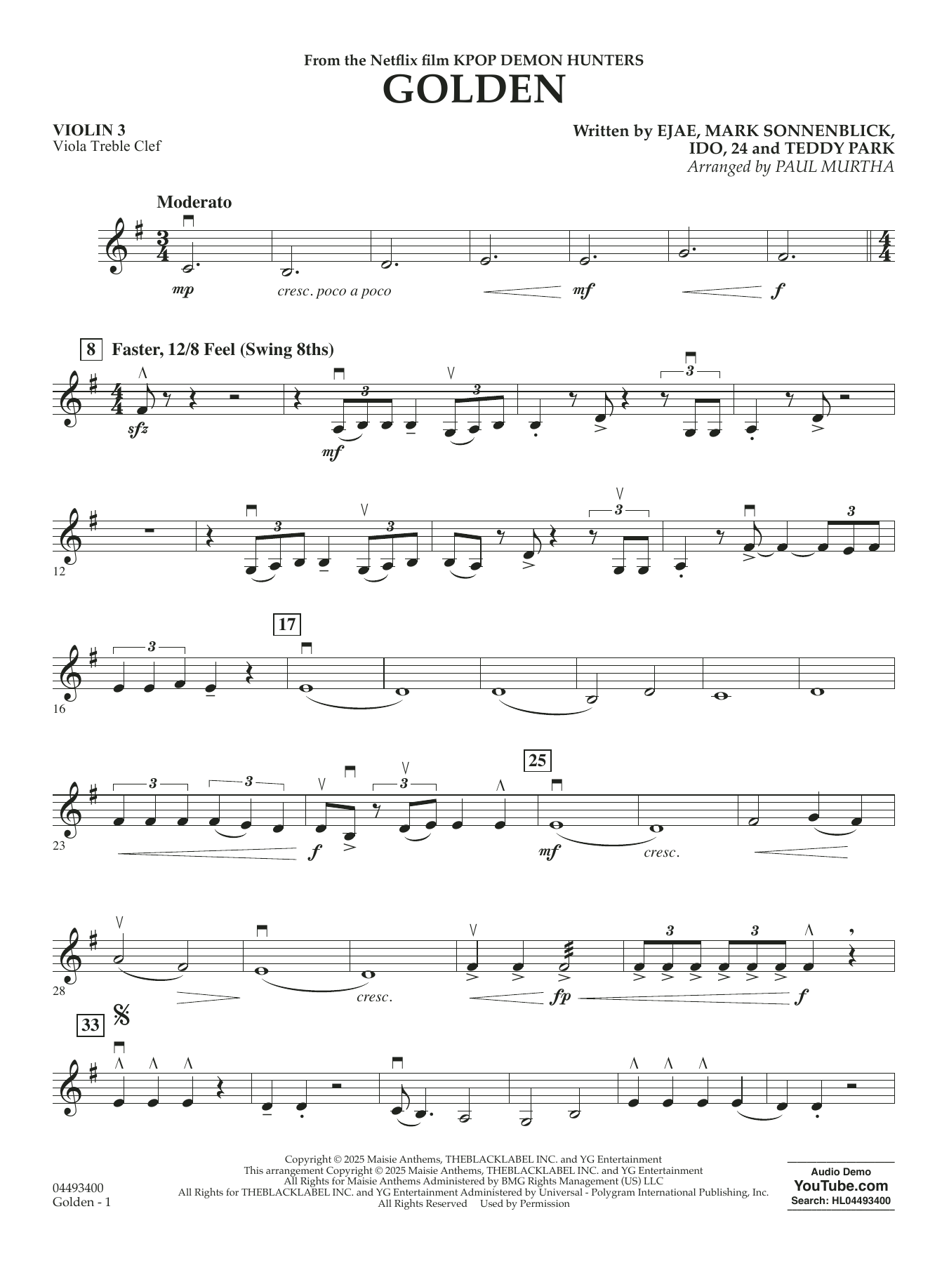 Golden (from KPop Demon Hunters) (arr. Paul Murtha) - Violin 3 (Viola Treble Clef)