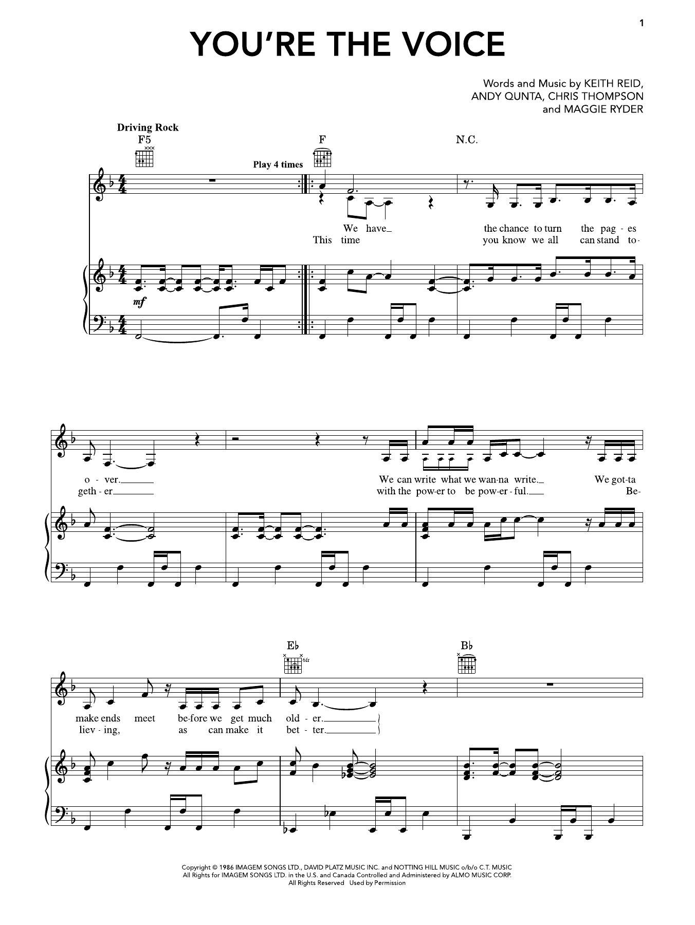 Interactive Digital Sheet Music preview of 'You're The Voice' by John Farnham, Piano, Vocal & Guitar Chords (Right-Hand Melody) page 1