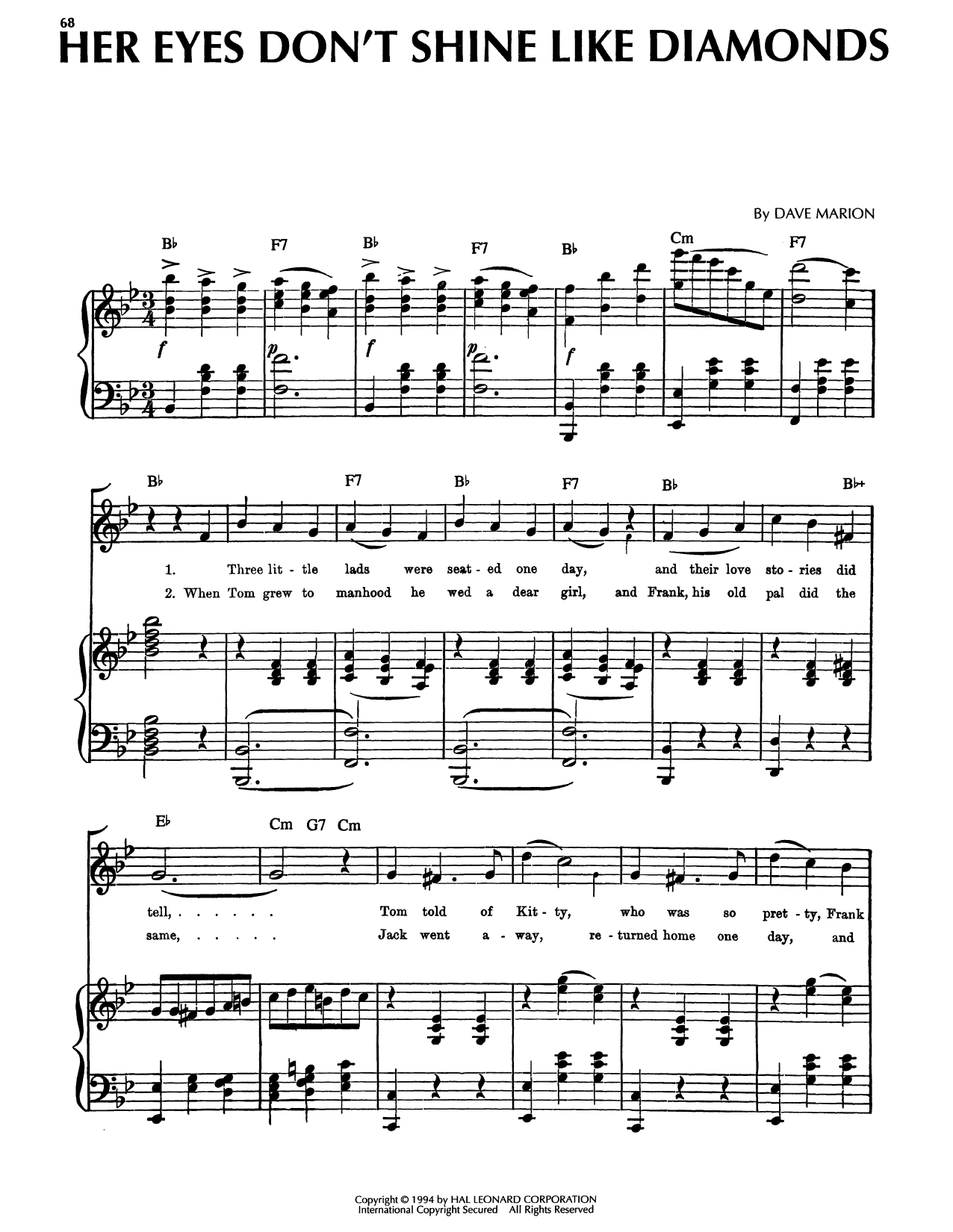 Her Eyes Don't Shine Like Diamonds: Piano/Vocal/Guitar Sheet