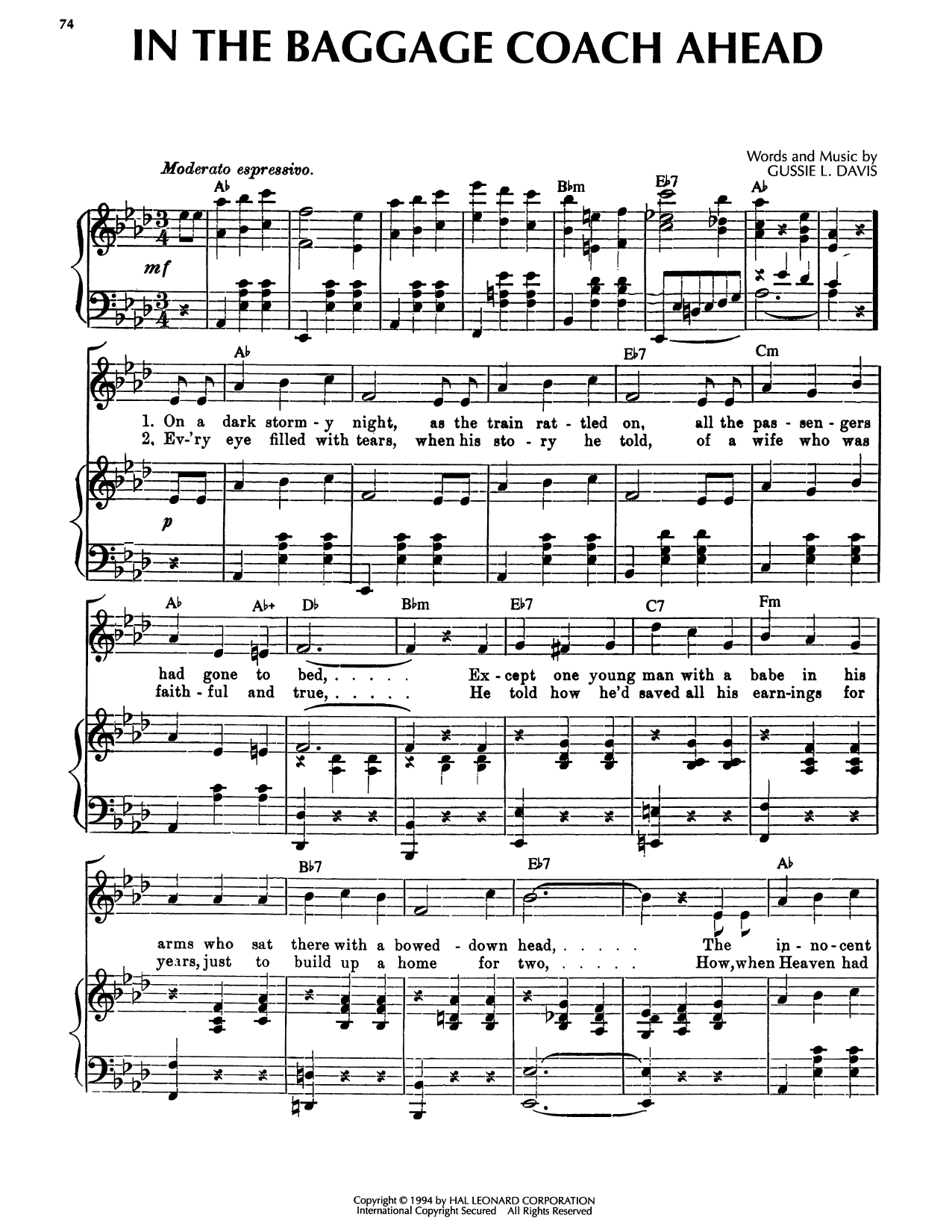 In The Baggage Coach Ahead: Piano/Vocal/Guitar Sheet
