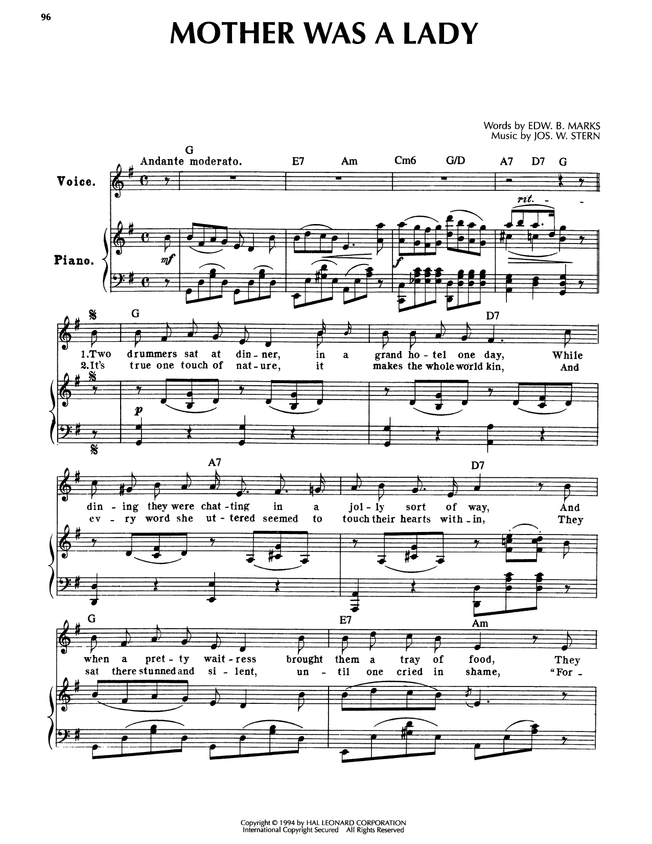 Mother Was A Lady: Piano/Vocal/Guitar Sheet
