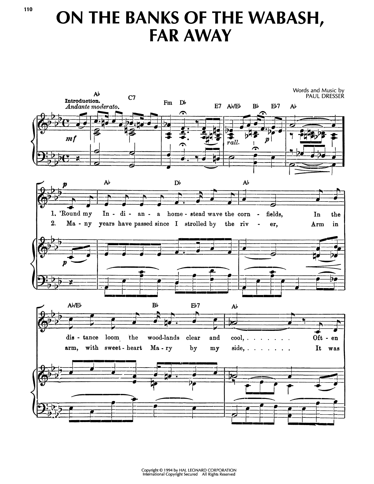 On The Banks Of The Wabash, Far Away: Piano/Vocal/Guitar Sheet