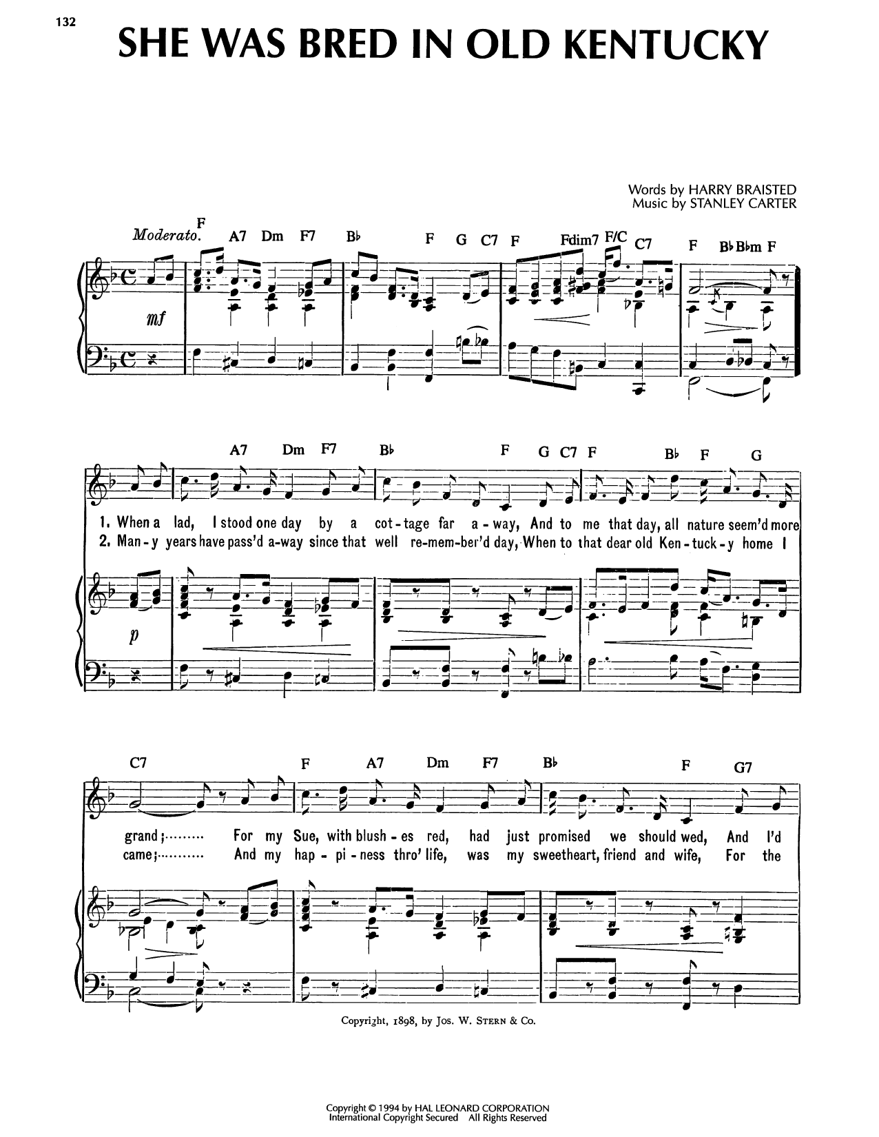 She Was Bred In Old Kentucky: Piano/Vocal/Guitar Sheet