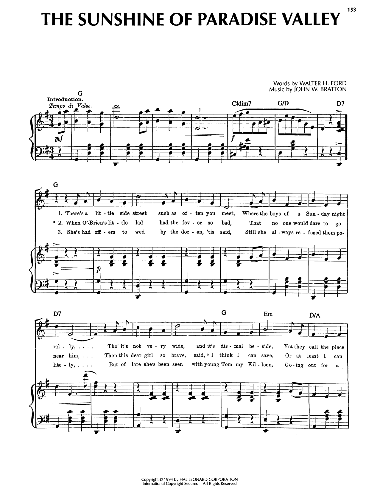 The Sunshine Of Paradise Valley: Piano/Vocal/Guitar Sheet