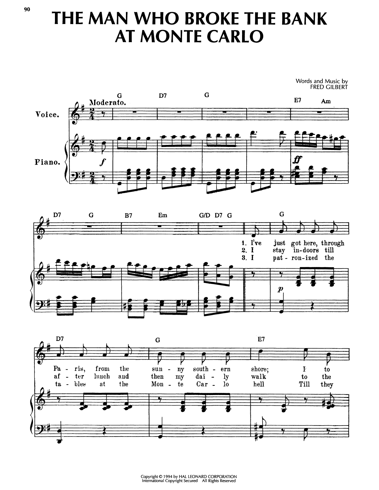 The Man Who Broke The Bank At Monte Carlo: Piano/Vocal/Guitar Sheet