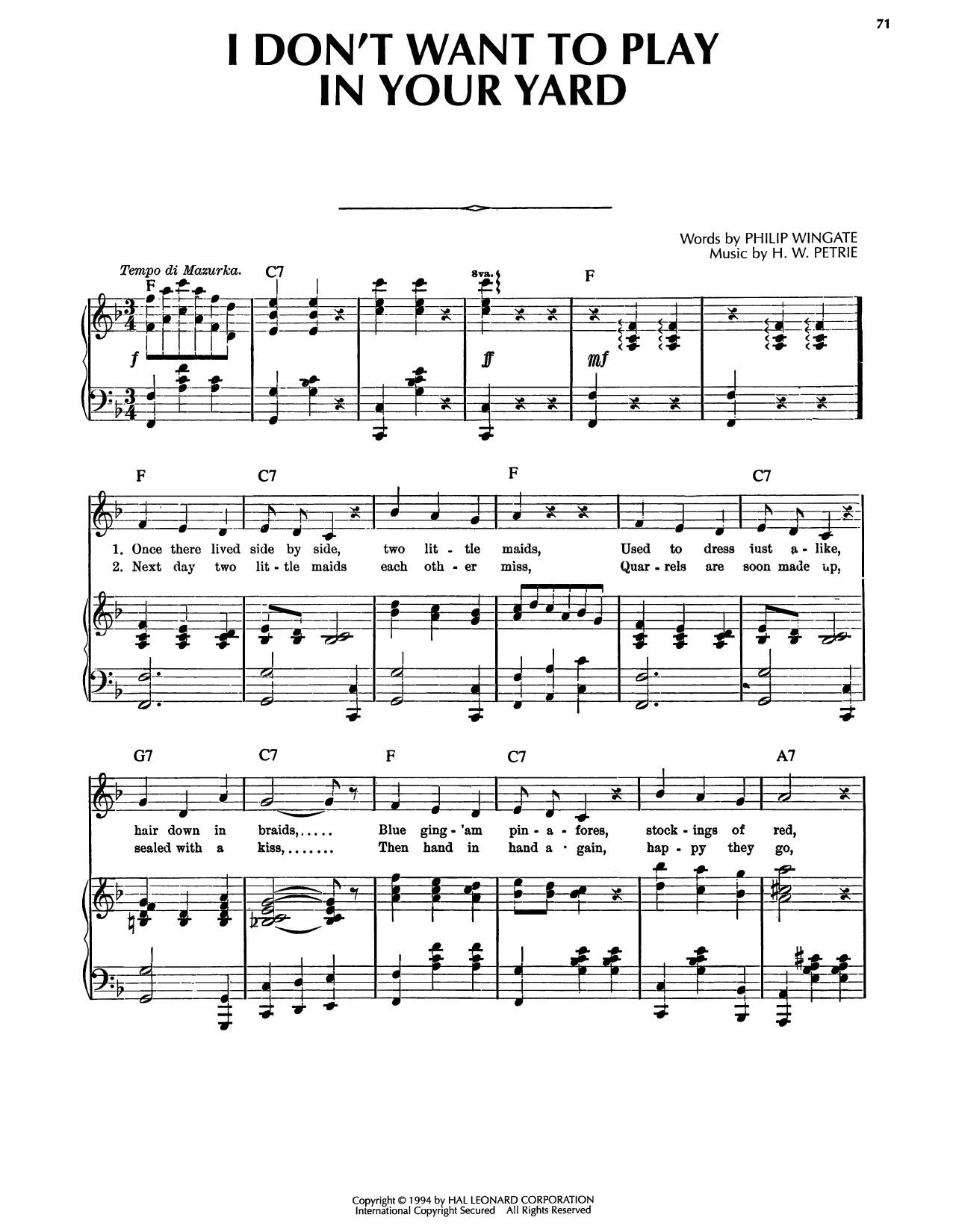 I Don't Want To Play In Your Yard: Piano/Vocal/Guitar Sheet