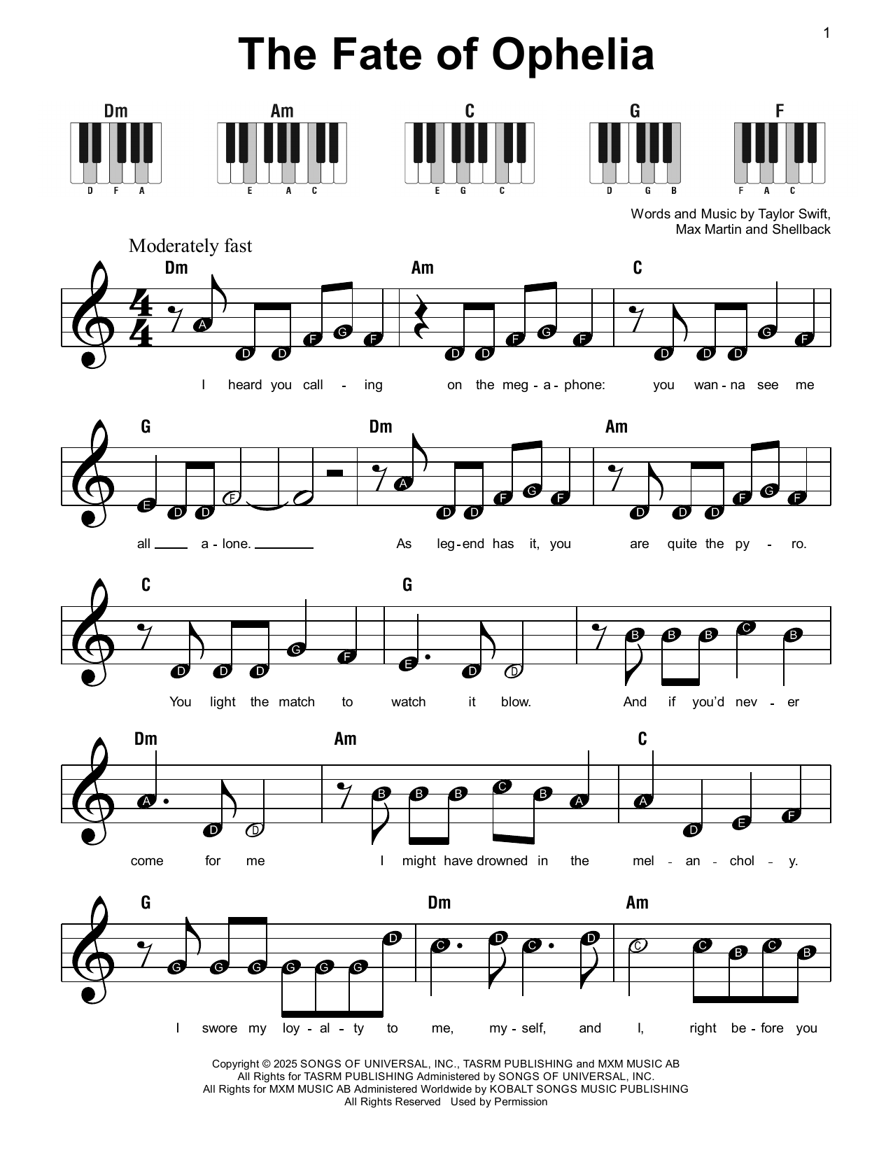 Interactive Digital Sheet Music preview of 'The Fate Of Ophelia' by Taylor Swift, Super Easy Piano page 1