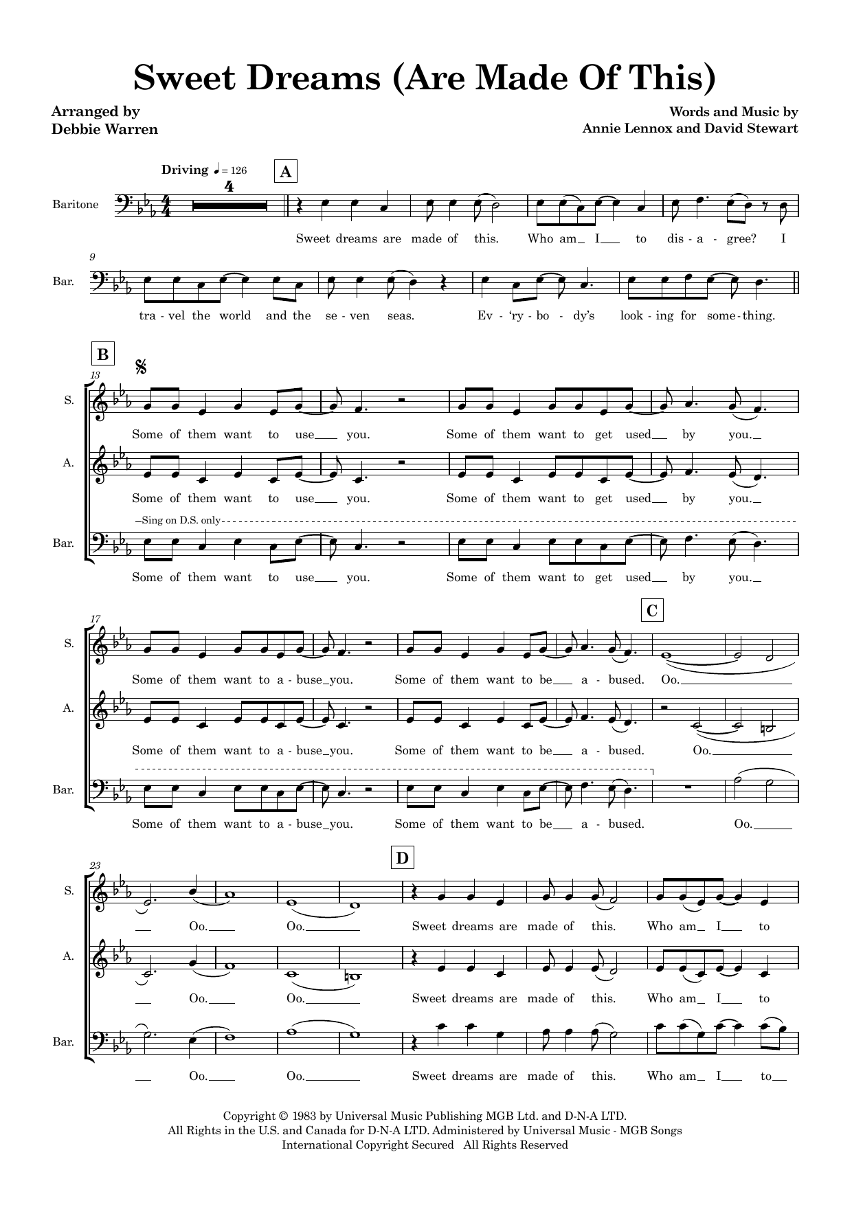 Sweet Dreams (Are Made Of This) (arr. Debbie Warren) - SAB: Choral Instrumental Pak