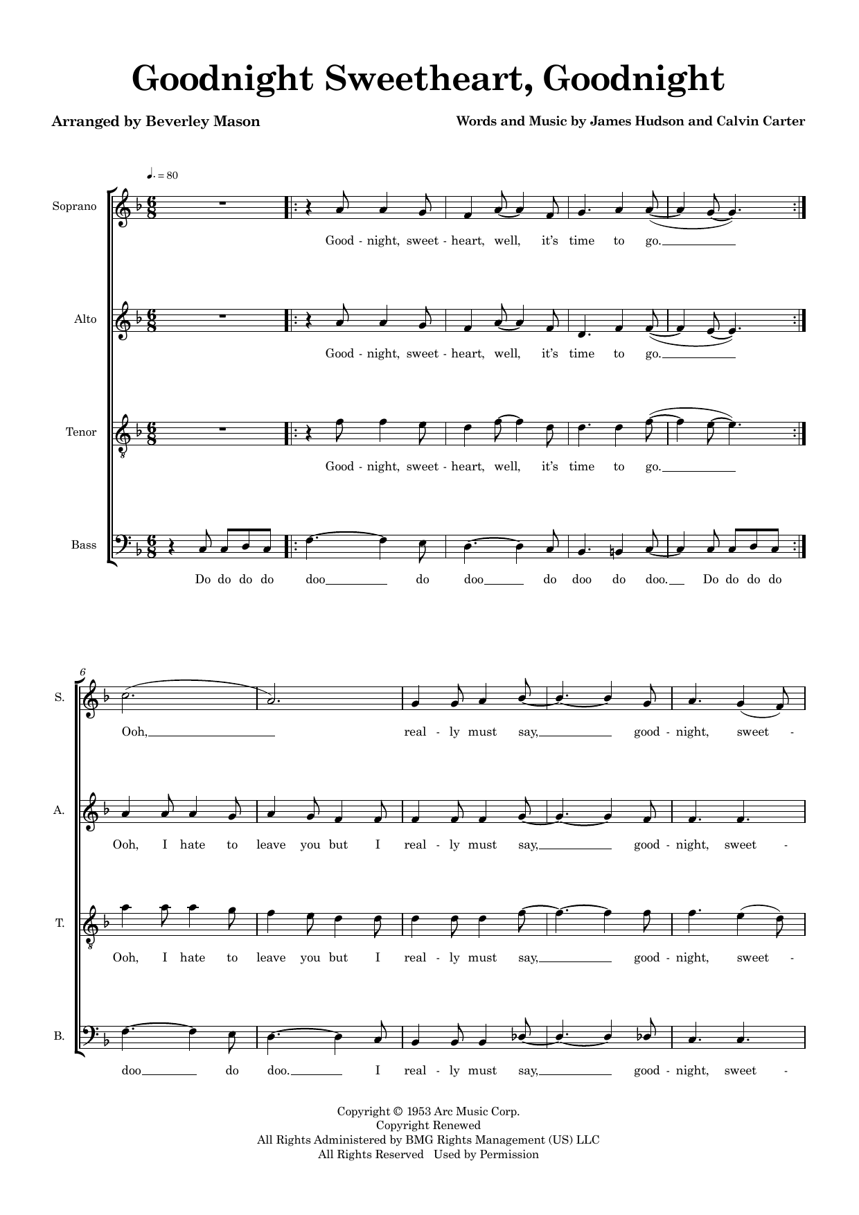 Goodnight Sweetheart, Goodnight (arr. Beverley Mason): Choral Octavo