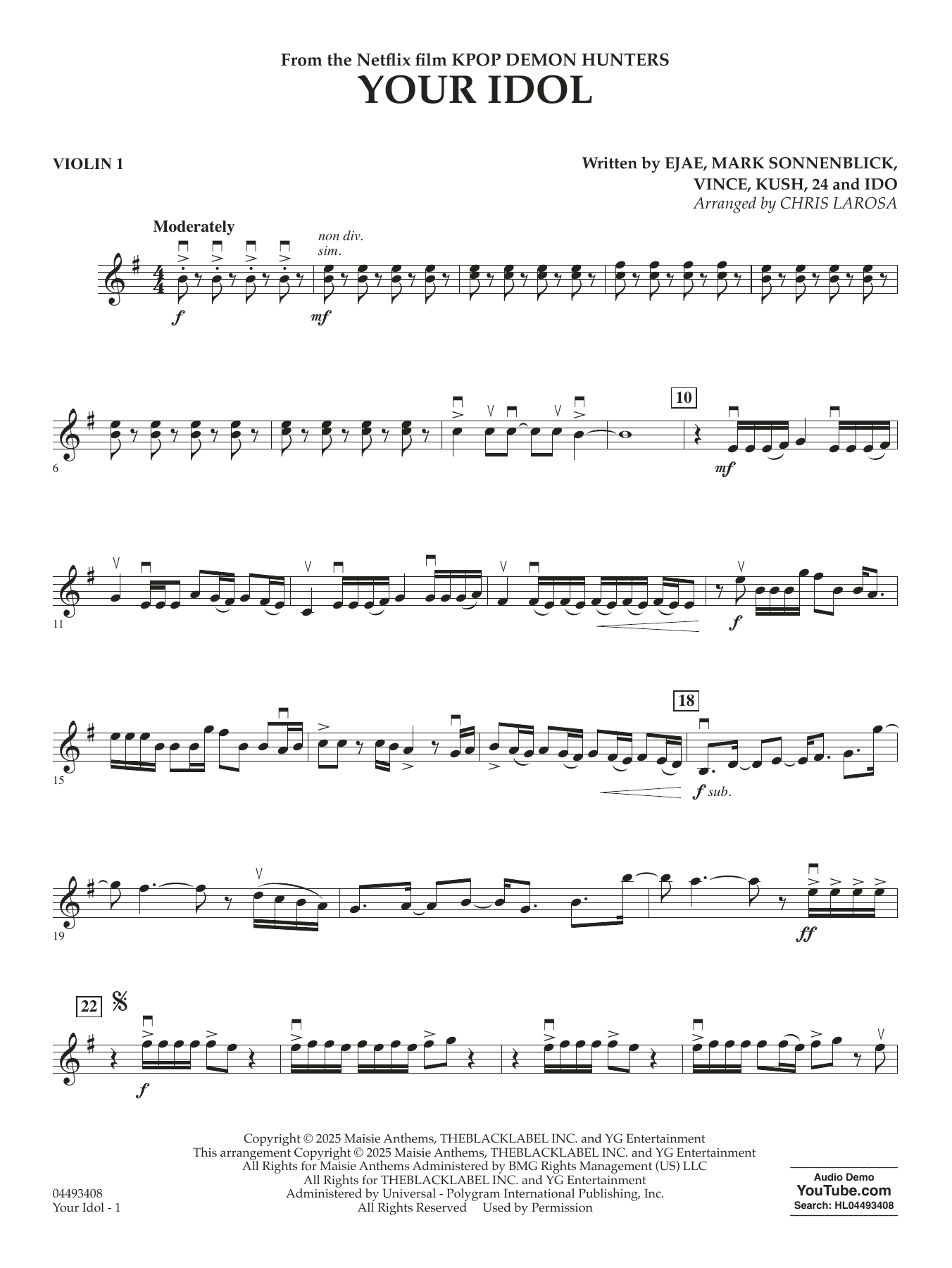 Your Idol (from KPop Demon Hunters) (arr. Chris Larosa) - Violin 1