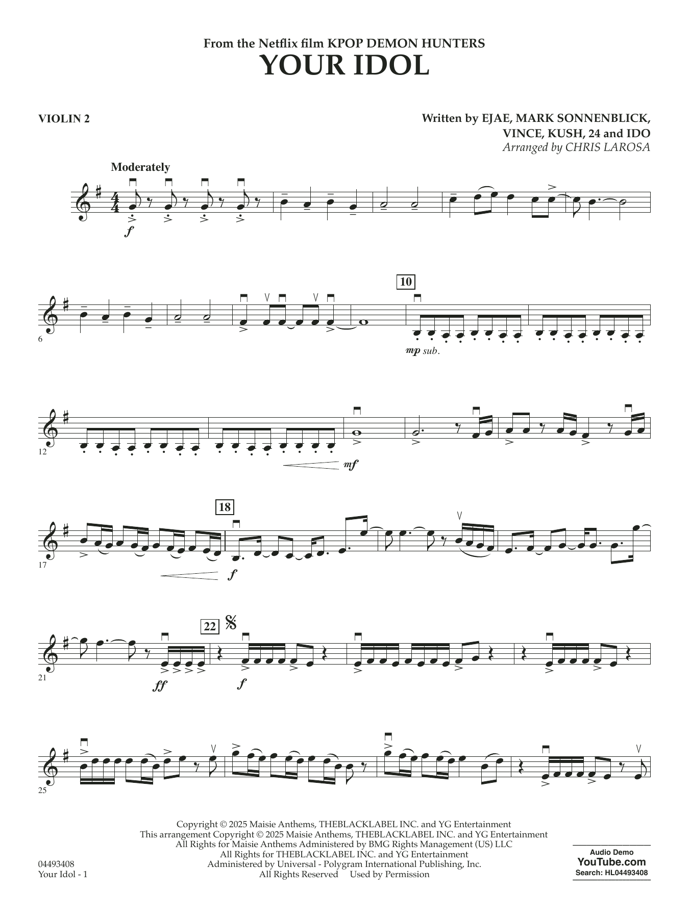 Your Idol (from KPop Demon Hunters) (arr. Chris Larosa) - Violin 2