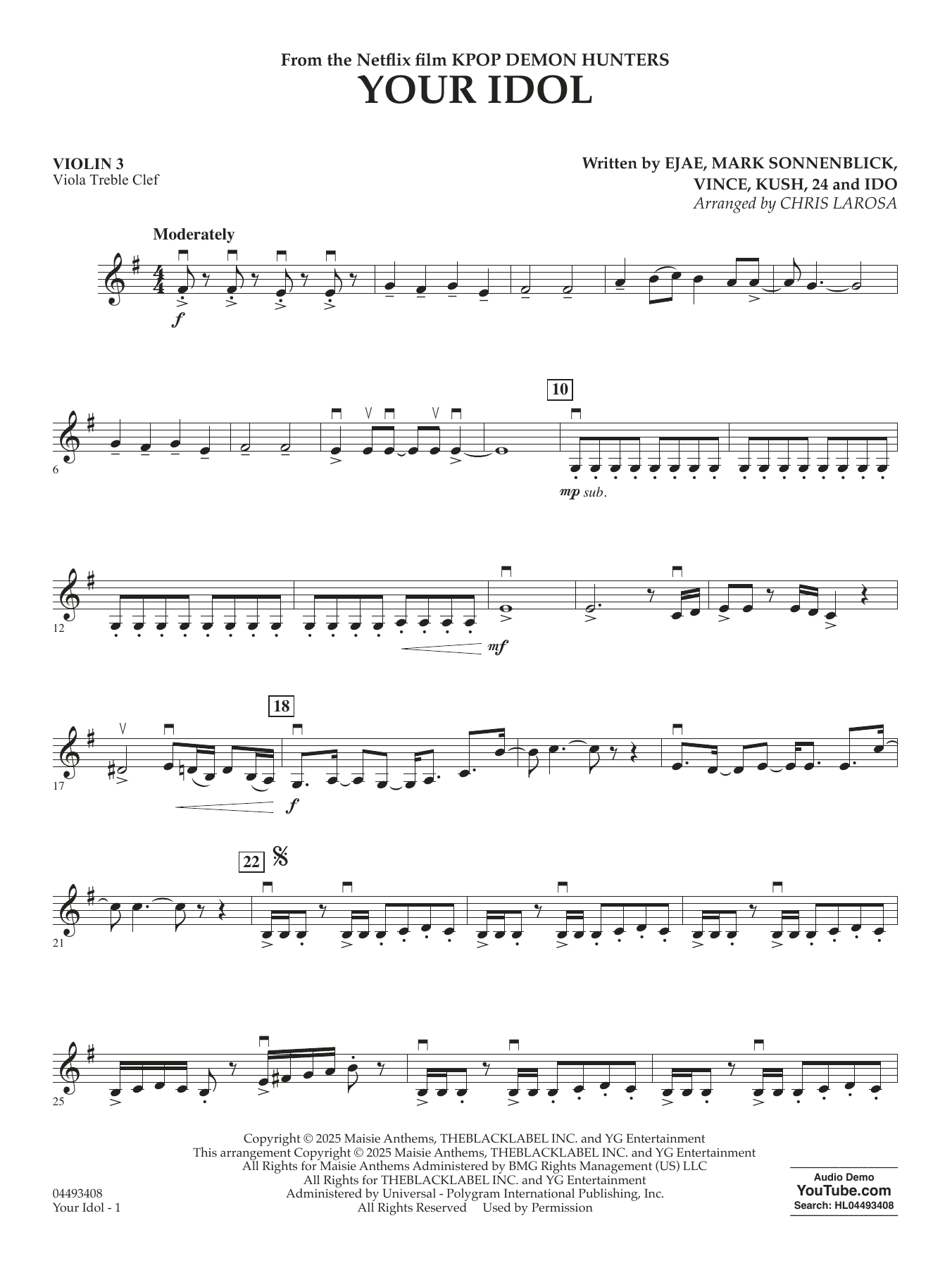 Your Idol (from KPop Demon Hunters) (arr. Chris Larosa) - Violin 3 (Viola Treble Clef)