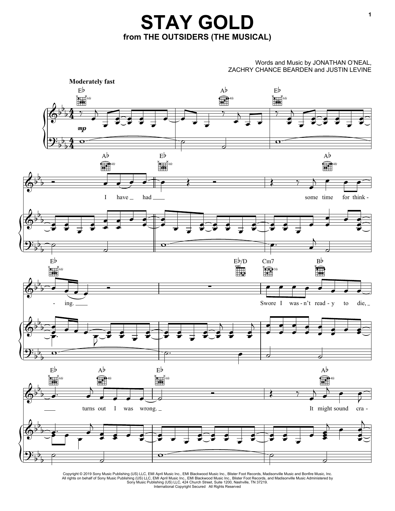 Stay Gold (from The Outsiders): Piano/Vocal/Guitar Sheet