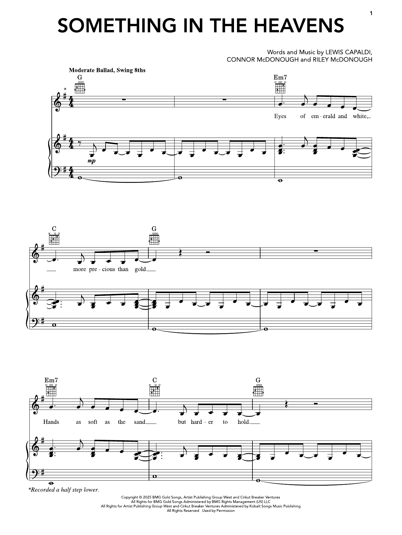 Interactive Digital Sheet Music preview of 'Something In The Heavens' by Lewis Capaldi, Piano, Vocal & Guitar Chords (Right-Hand Melody) page 1