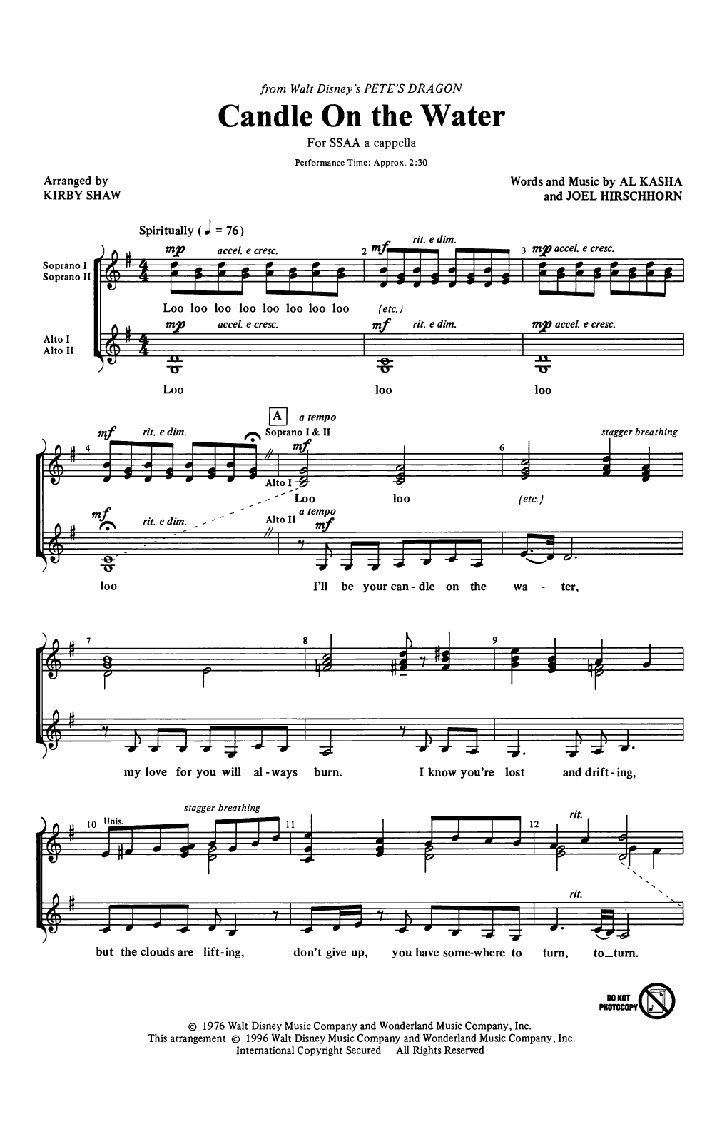 Candle On The Water (arr. Kirby Shaw)