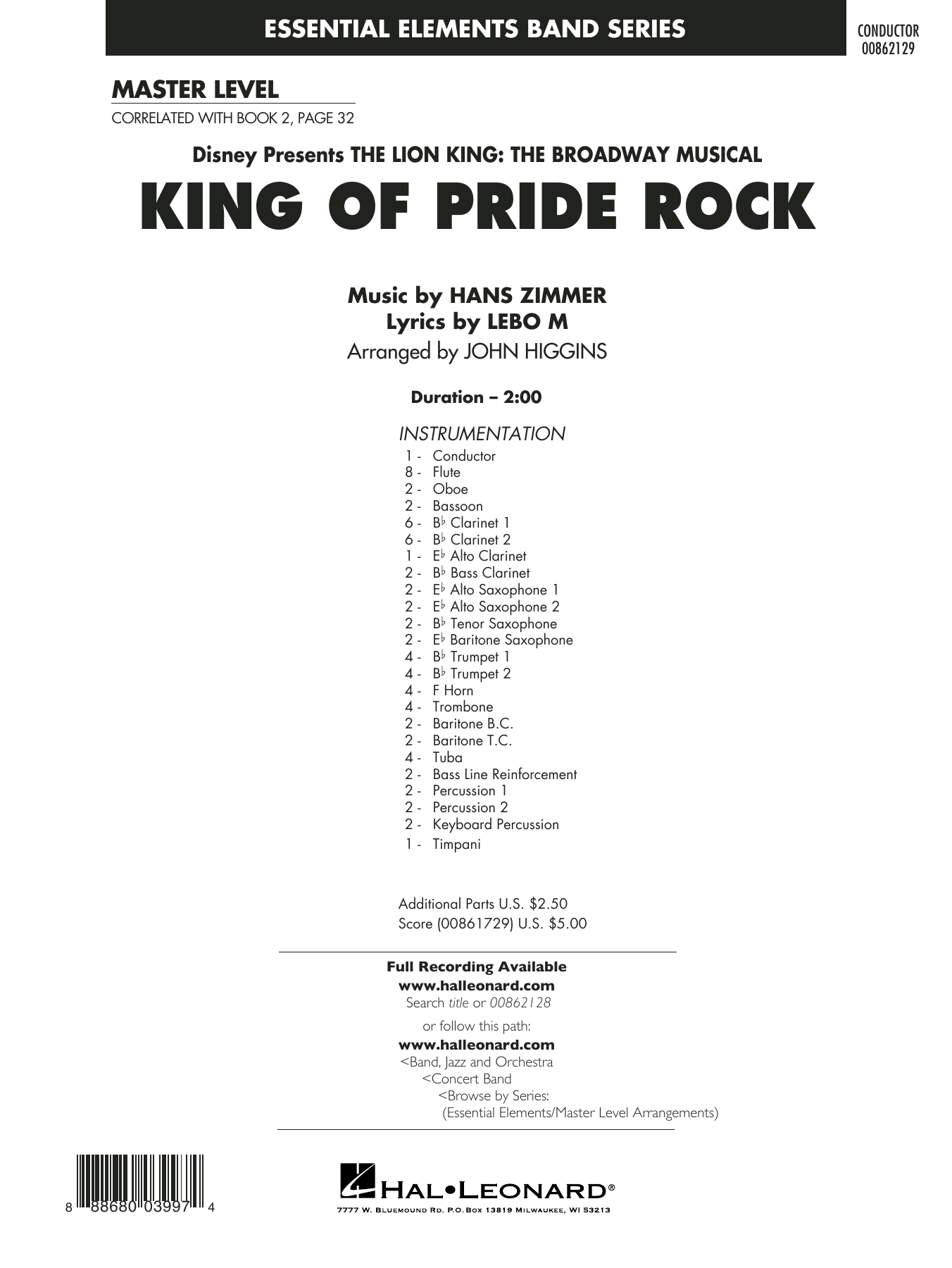 King of Pride Rock (from The Lion King) (arr. John Higgins) - Conductor Score (Full Score)